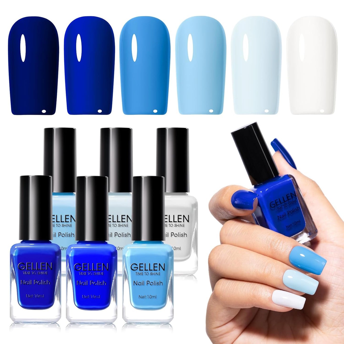 GELLEN Blue Nail Polish, Bright Navy Royal Baby Ocean Cobalt Blue White 6 Colors Set, insta Air Dry Natural Traditional Regular Nail Polish for Acrylic Natural Nails Salon Home, Non UV Gel, Hema Free