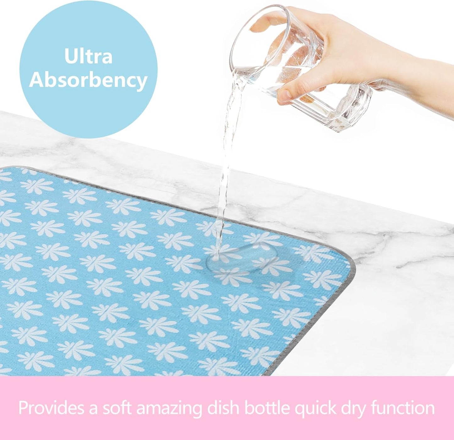 SHIYUE Dish Drying Mat for Kitchen Counter Super Absorbent Spring Kitchen Decor Microfiber Drying Matainers Rack Fast Pad Dish Drainer Mats(Light Blue Flower,18''x24'')