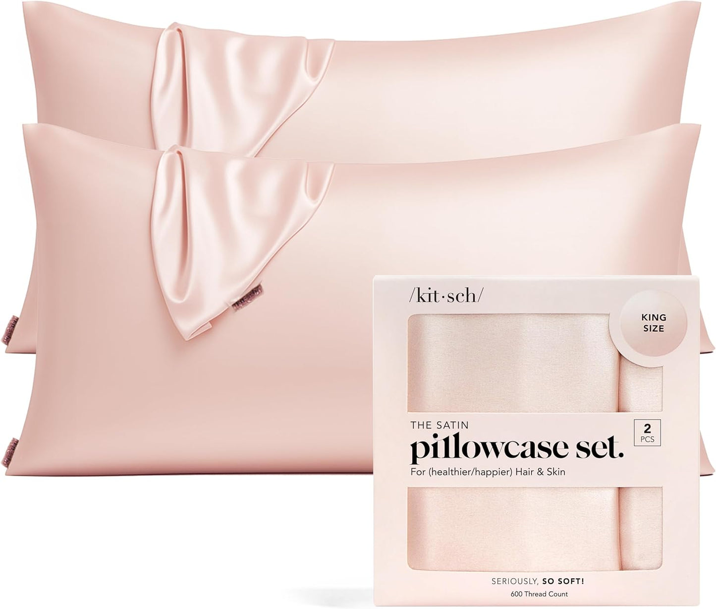 Kitsch Satin Pillowcase, Softer Than Silk Pillow Cases, Cooling Pillow Covers, King Size Pillow Cases Set of 2, Satin Pillowcase with Zipper for Hair, Skin & Quality Sleep, 19"x36" Blush, 2pcs