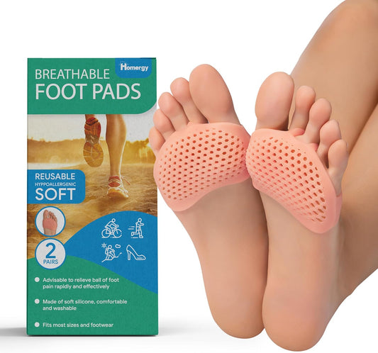 Homergy Metatarsal Foot Pads - Soft Gel Ball of Foot Cushions for Pain Relief, Ultra-Thin Sleeve Design, Stays in Place, Breathable & Reusable - Fits Heels, Flats, Sneakers (4 Pads / 2 Pairs)