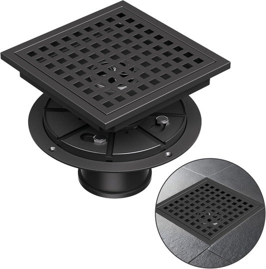 Square Shower Floor Drain with Flange, 4 Inch Matte Black Shower Drain Hair Catcher, SUS304 Stainless Steel Floor Drain Strainer, Shower Drain Cover