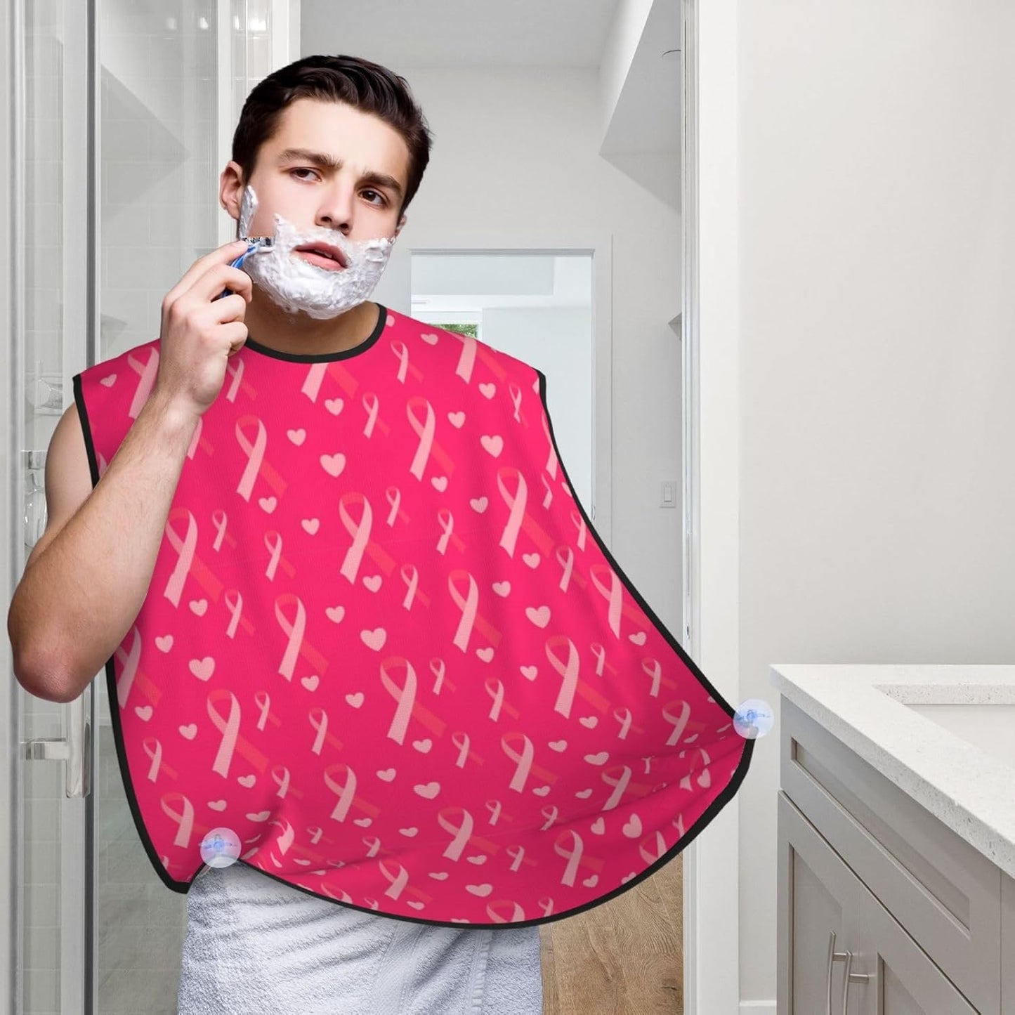 Adjustable Beard Catcher Apron, Love Heart Breast Cancer Awareness Ribbons Shave Bib, Non-Stick Waterproof Grooming Bib, Shaving Essential for Men Dad Christmas