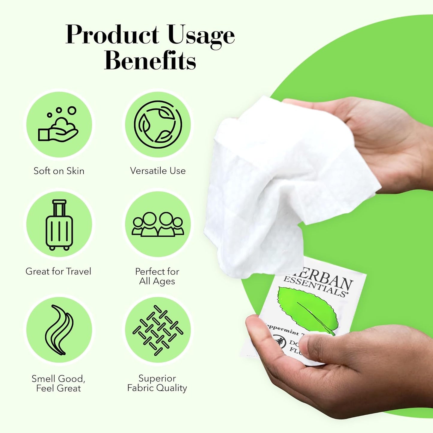 Herban Essentials - Peppermint Wipes & Towelettes - Essential Oil Wipes for Hands & Body - Travel Size Essentials and Toiletries - Natural, Individually Wrapped, Disposable & Moist Refresh (20 count)