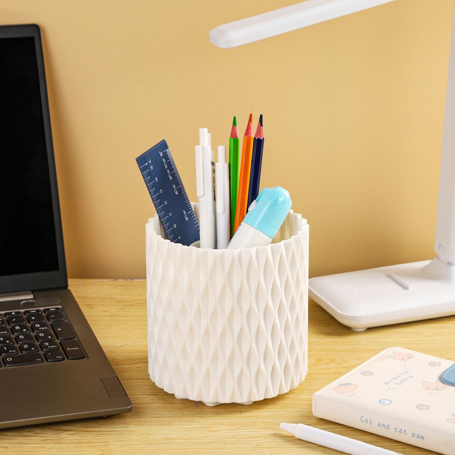 White 360° Rotating Makeup Organizer, Spinning Makeup Brush Holder, Unique Textured Makeup Brush Cups for Vanity Decor, Lipstick Holder for Bathroom Counter, Desk Storage Container