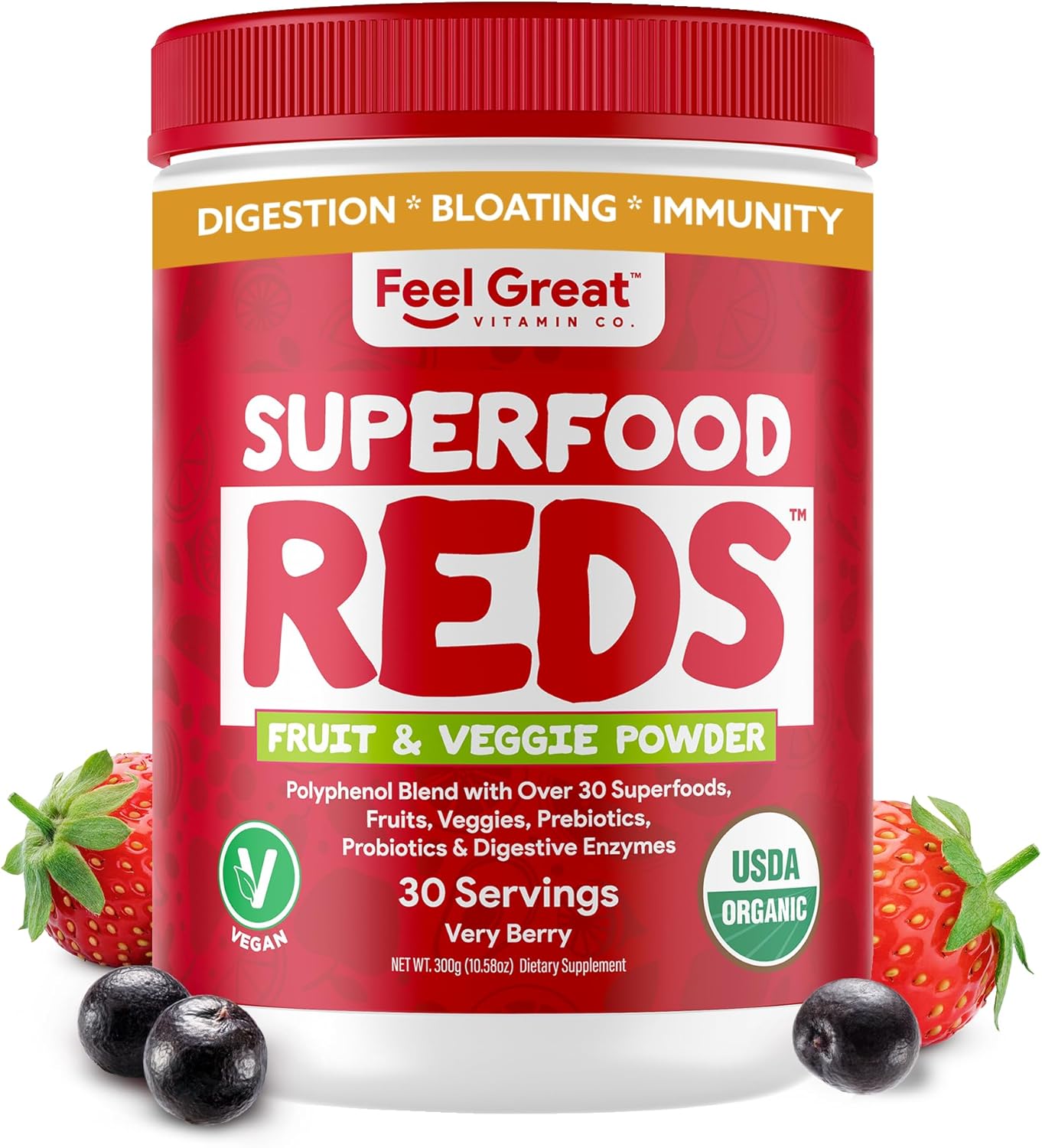 Feel Great Organic Superfood Reds Powder Packed with Beet Root Powder | Digestive Support Including Bloating Relief | Fruit and Veggie Polyphenols Supplement.
