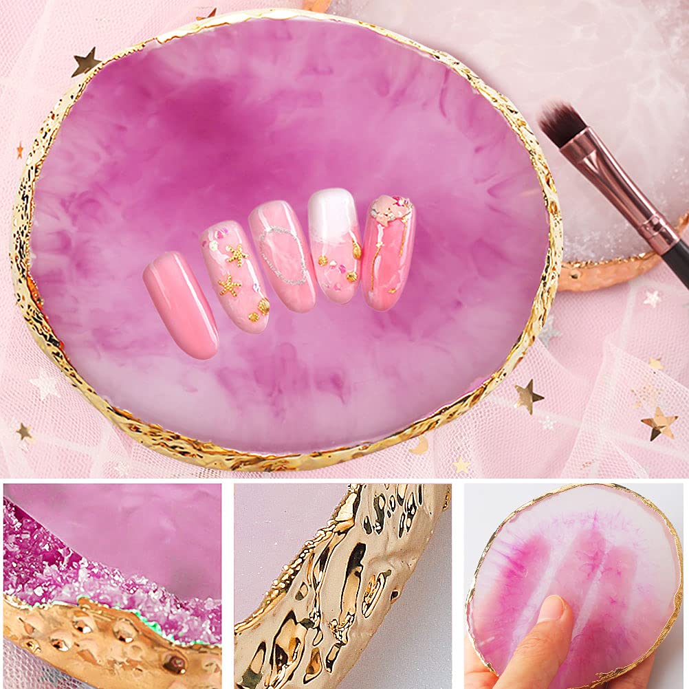 2 Pcs Resin Nail Art Palette, Nail Art Painting Mixed Color Palettes Gold Edge Nail Holder Nail Art Display Board