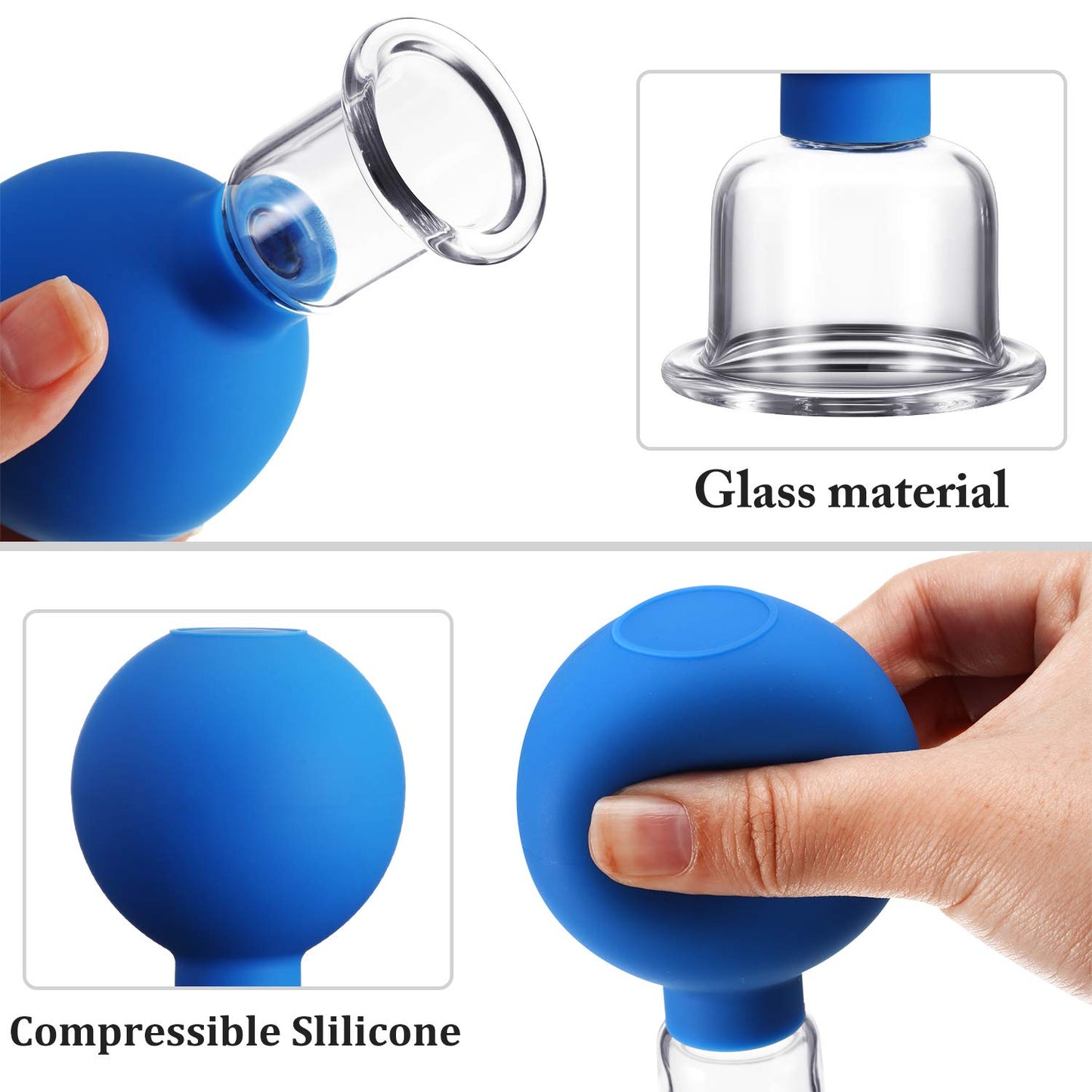 Nuanchu Facial Cupping Cup Blue Glass Face Cup Silicone Cupping Massage Vacuum Suction Mug for Body Face Leg Arm Back Shoulder Muscle and Joint Pain(0.65 Inch Diameter)