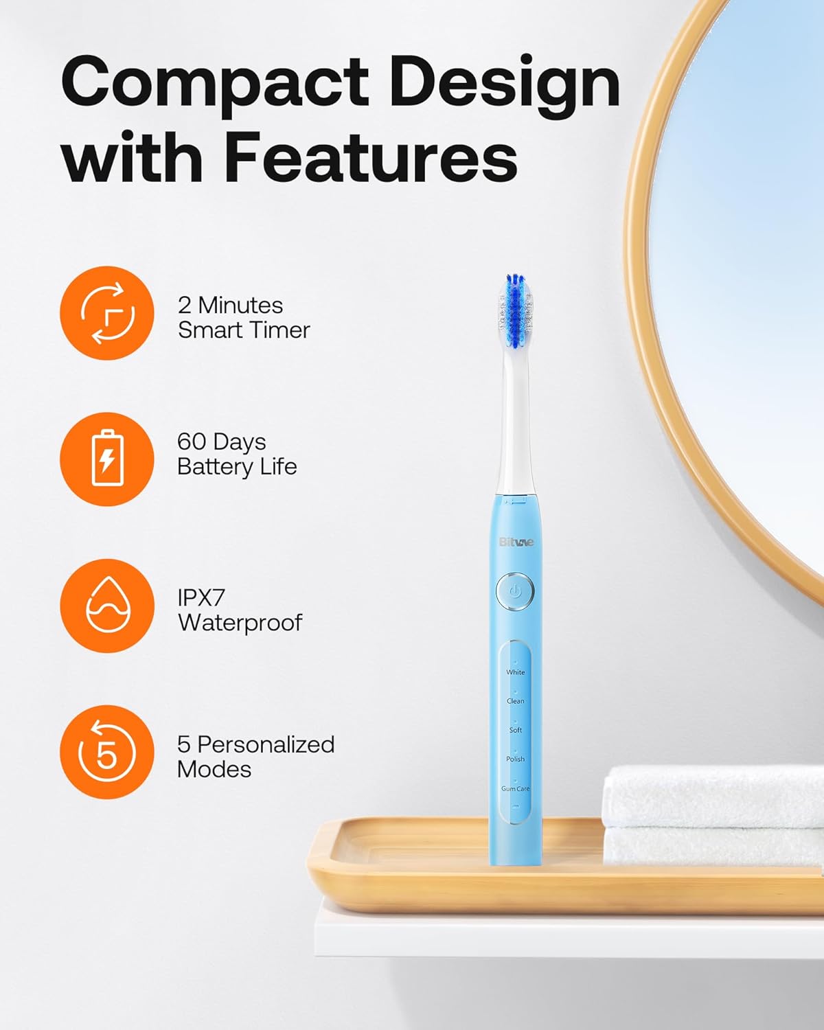 Bitvae ADA Accepted Electric Toothbrush, Travel Toothbrush Rechargeable for Adults and Kids, 60-Day Battery, 5 Modes, 8 Heads, Portable Travel Case & Holder, Sky Blue