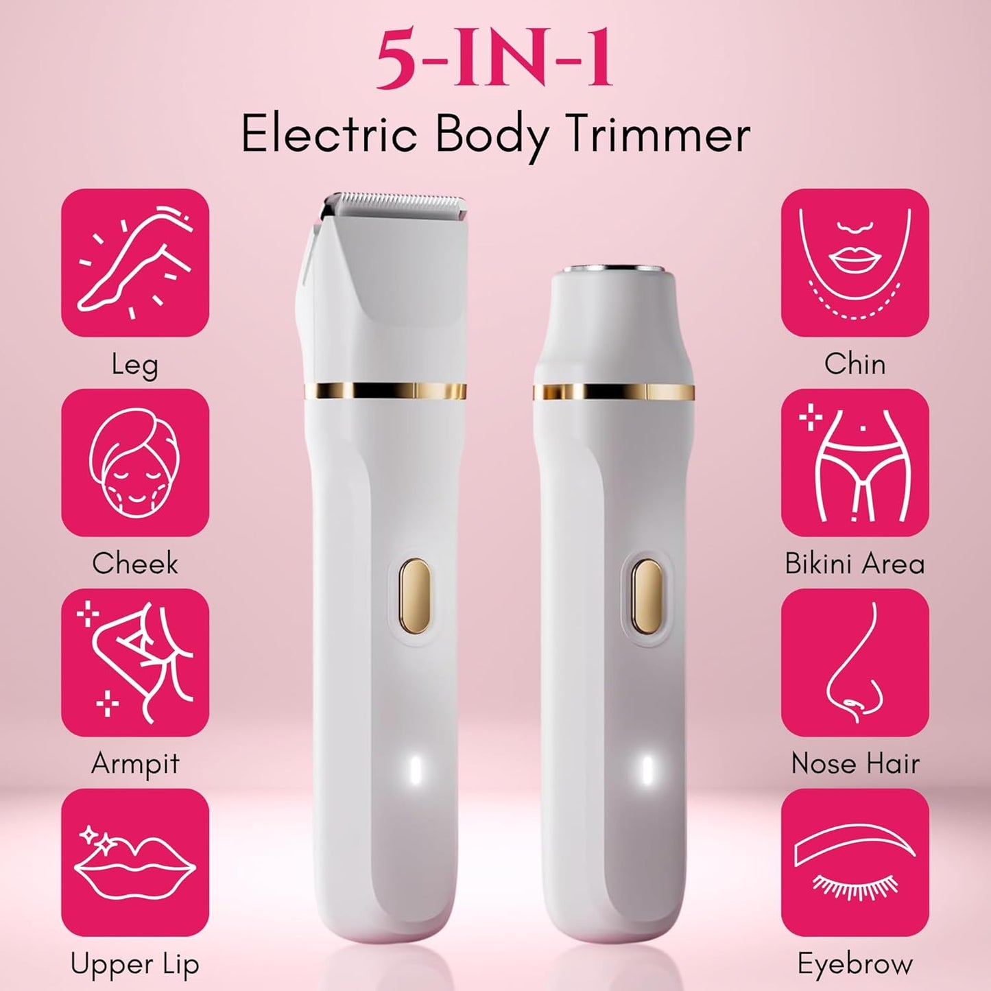 5-in-1 Bikini Trimmer Electric Razors with USB Cord, Excellent Facial Hair Elimination, Wet/Dry Body Shaver for Nose, Eyebrows, Beard, Leg, and Arm, IPX7 Waterproof (White)