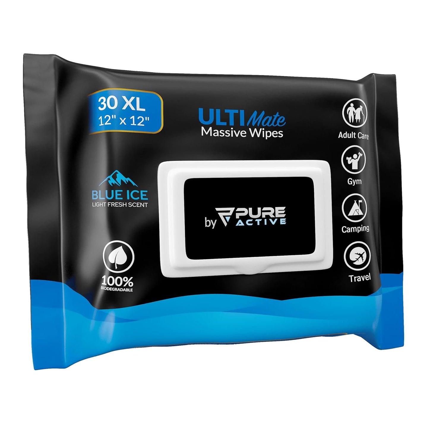 XXL Body Wipes for Face and Body, Deodorizing Men's Shower Wipes for Camping, Travel, and After Workout, 12x12 Blue Ice Scented 30 Pack