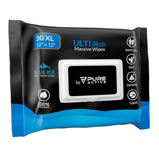 XXL Body Wipes for Face and Body, Deodorizing Men's Shower Wipes for Camping, Travel, and After Workout, 12x12 Blue Ice Scented 30 Pack