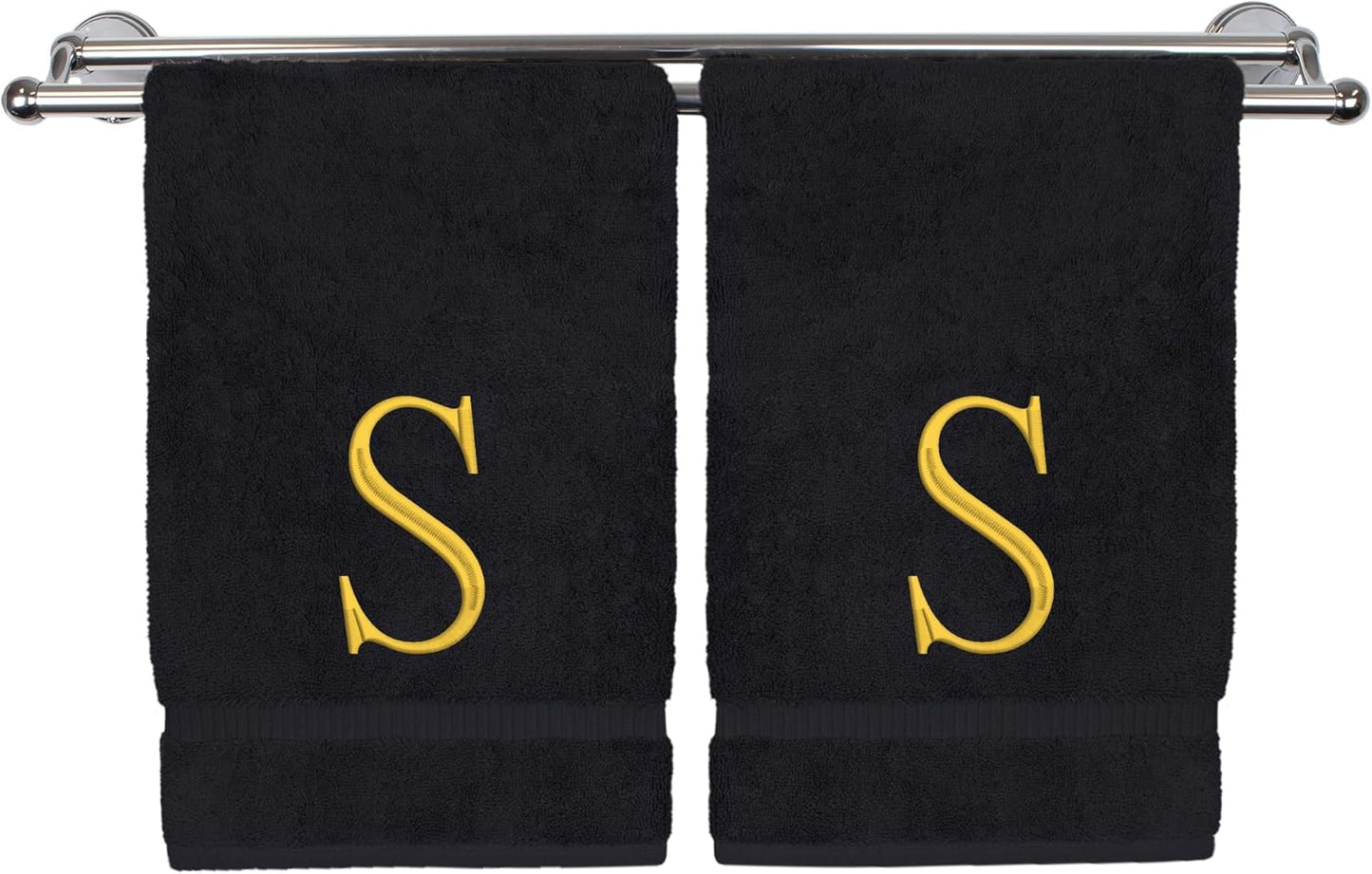 Monogrammed Hand Towel, Personalized Initial Gift, Extra Absorbent 100% Turkish Cotton - Soft Terry Finish - Set of 2 - Gold Block Initial S - Embroidered on Black Towels