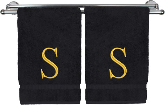 Monogrammed Hand Towel, Personalized Initial Gift, Extra Absorbent 100% Turkish Cotton - Soft Terry Finish - Set of 2 - Gold Block Initial S - Embroidered on Black Towels