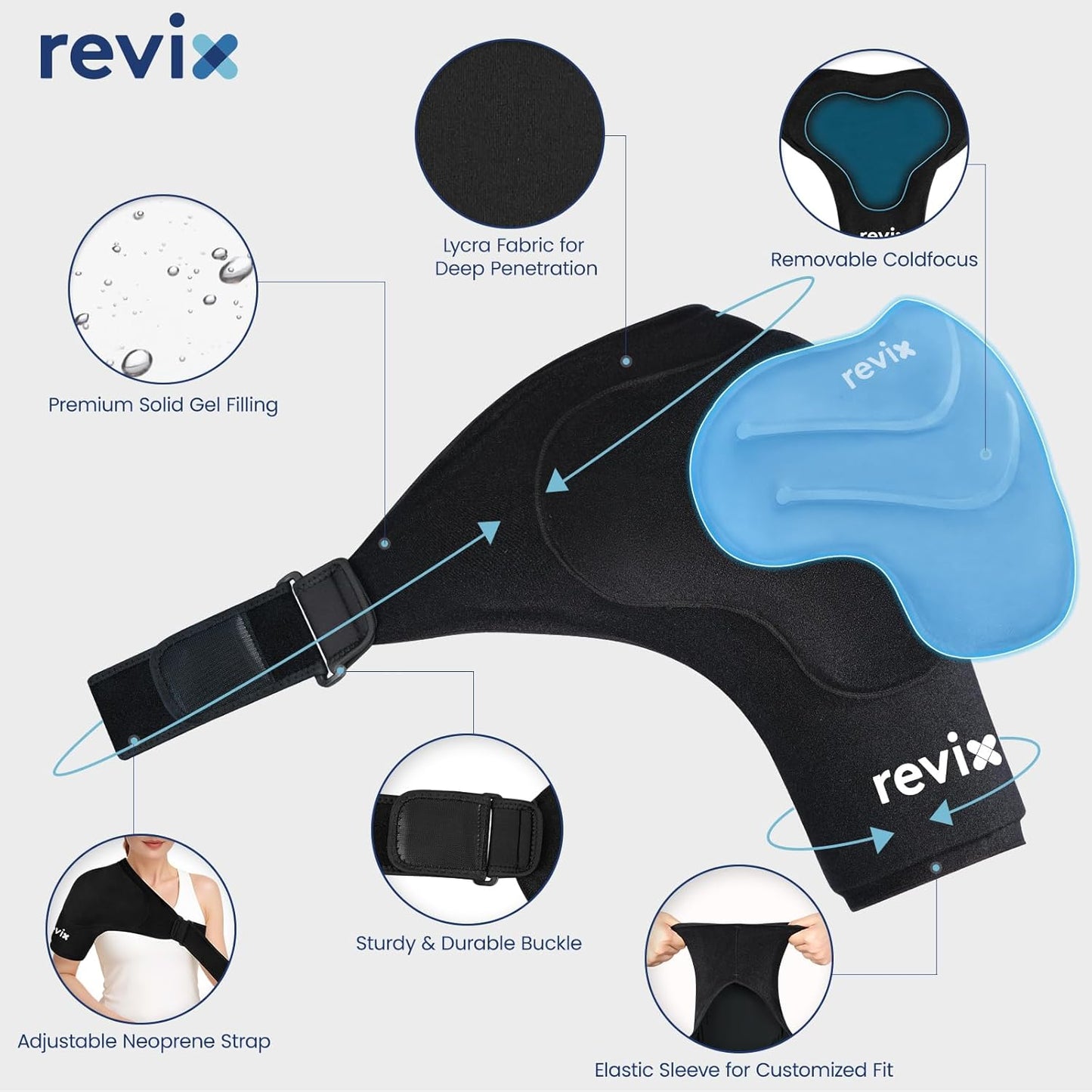 REVIX XL Shoulder Ice Pack for Rotator Cuff Cold Therapy, Reusable Gel Ice Pack Wrap Shoulder Brace with Extra Removable Coldfocus for Long-Lasting Cooling, Hot Cold Compression for Sport Recovery