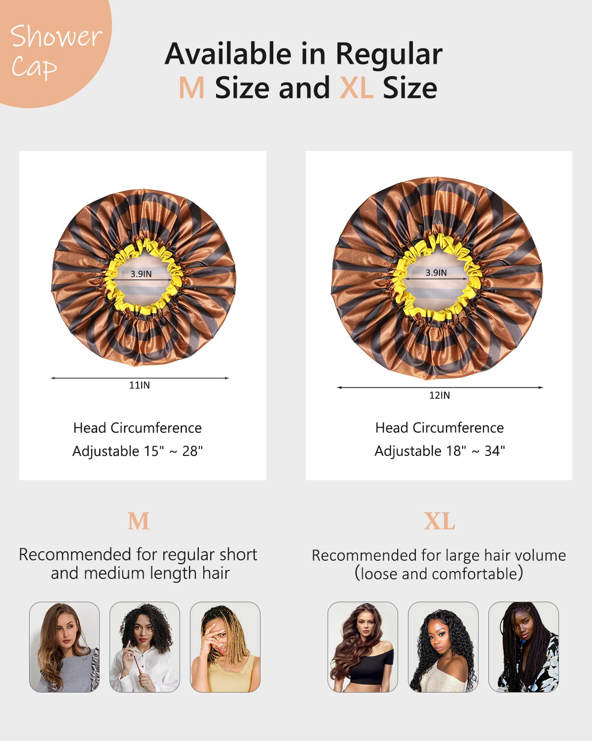 mikimini Shower Cap for Women and Men,2 Pack Double Waterproof Shower Cap for Girls and Kids, Reusable, Washable, Golden Stripes Fashionable Shower Caps Medium Pack of 2 Stripe