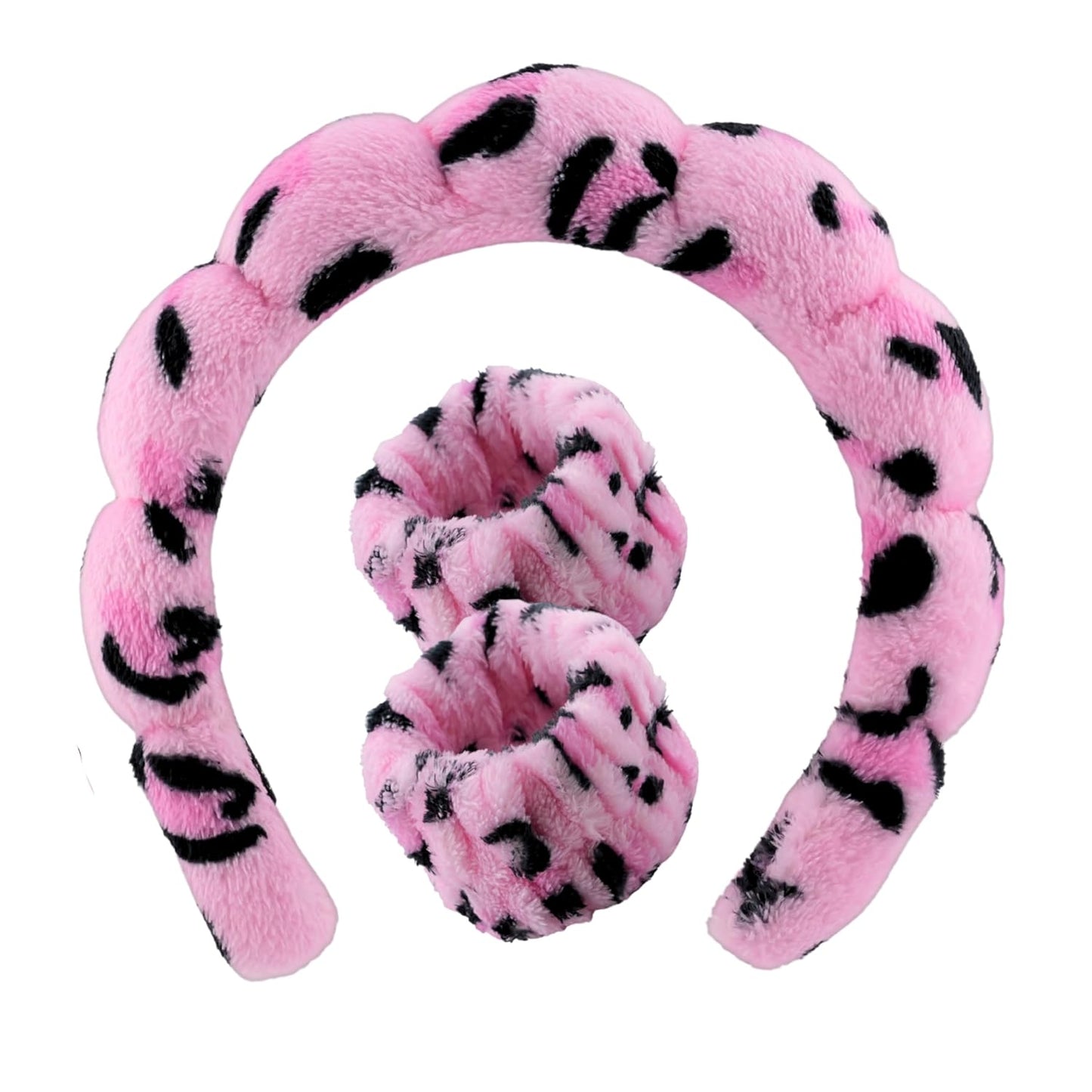 Spa Headband Wrist Band for washing face set Sponge Makeup Skincare Headband Wrist Towels Bubble Soft Terry Towel Cloth Hairband for Women Puffy Headwear Non Slip Thick Thin Hair Headwear (Leopard)