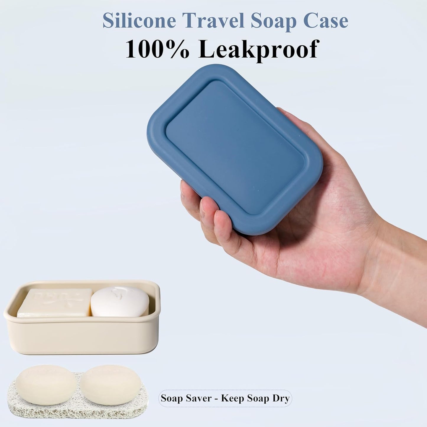 MtBoi 2PC Portable Leakproof Travel Soap Case, Silicone Travel Soap Case, Compact Soap Holder with Drainage Layer, Travel Soap Holder for Camping, Gym, Outdoor White&DarkBlue