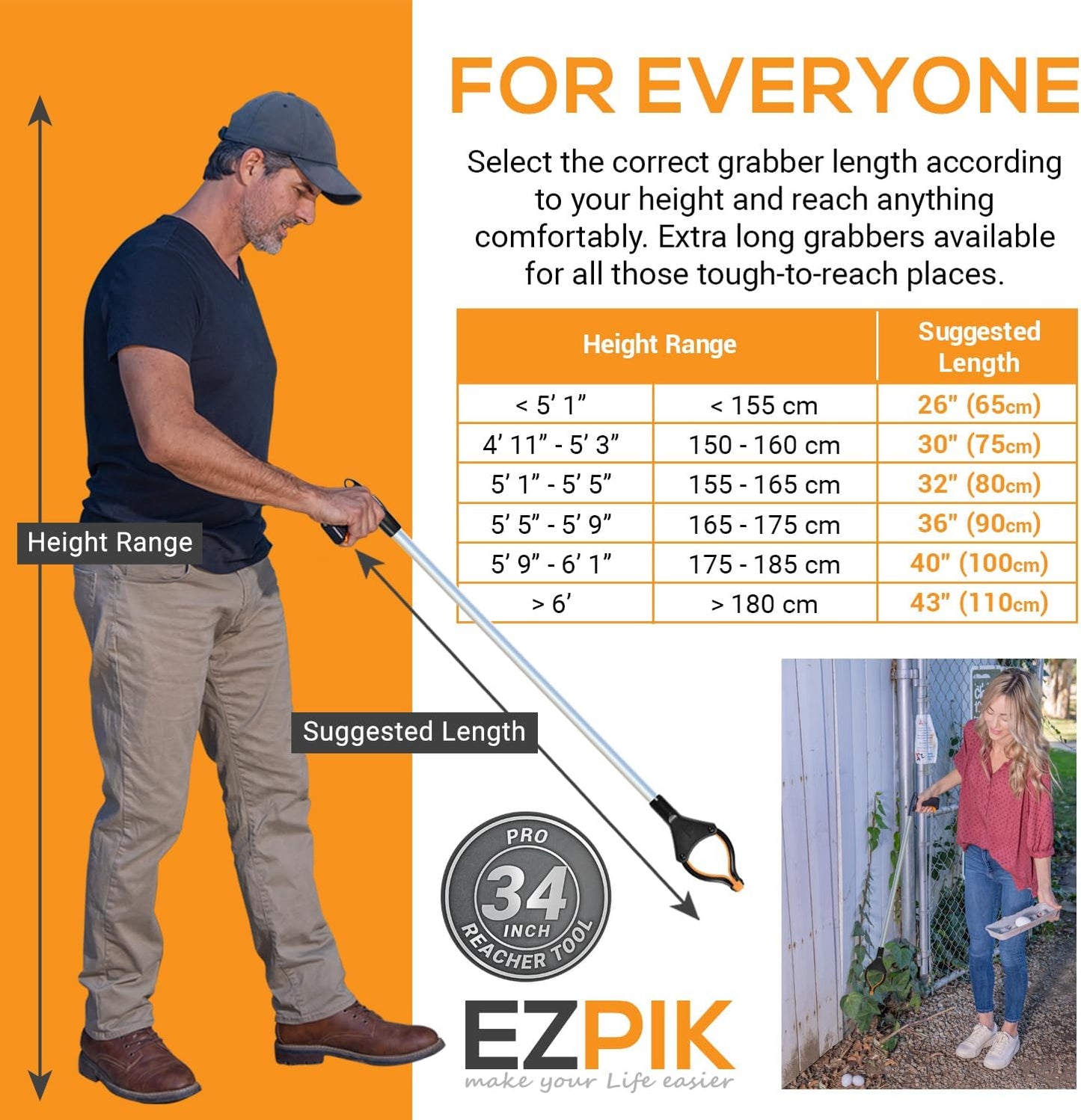 EZPIK Pro 34" Foldable Grabber Reacher Tool for Seniors - Grabbers for Elderly Reaching Tool Heavy Duty Pickup Trash Picker Upper Equipment - Claw Grabber Stick for Reaching Aids, Weed Gripper 3-Pack