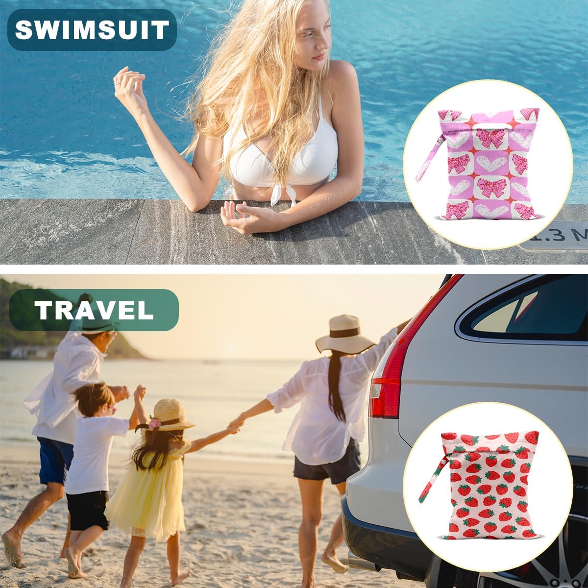 2Pcs Wet Bags, Wet Dry Bag Reusable for Swimsuit, Travel, Diapers, Beach, Dirty Yoga Gym Clothes, Toiletries, Makeup Bag, Waterproof Pink Bow Strawberry Print Birthday Christmas Gifts