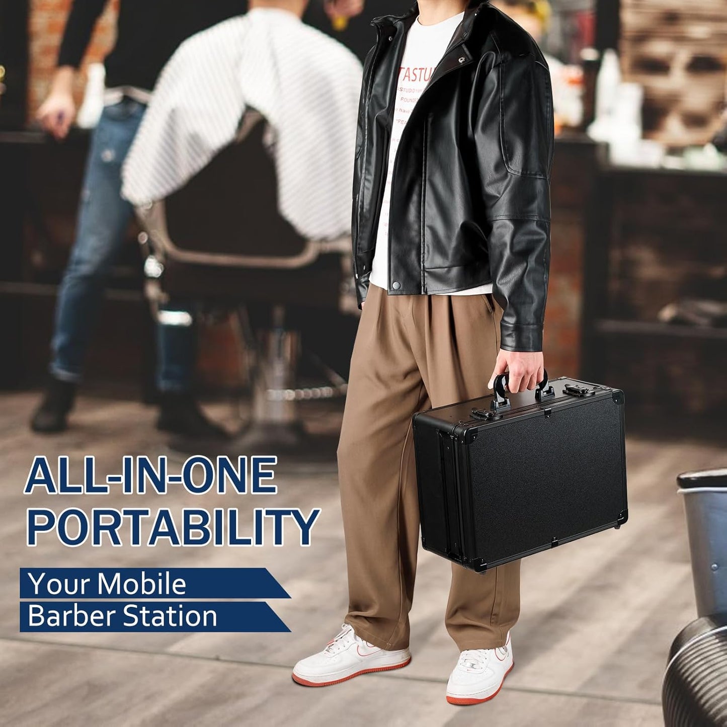 MoyRetty Professional Barber Case, Barber Suitcase 6 Clipper Slots & 8 Shear Holders, 17.13" Portable Aluminum Organizer for Hair Stylists & Pet Groomers-Black