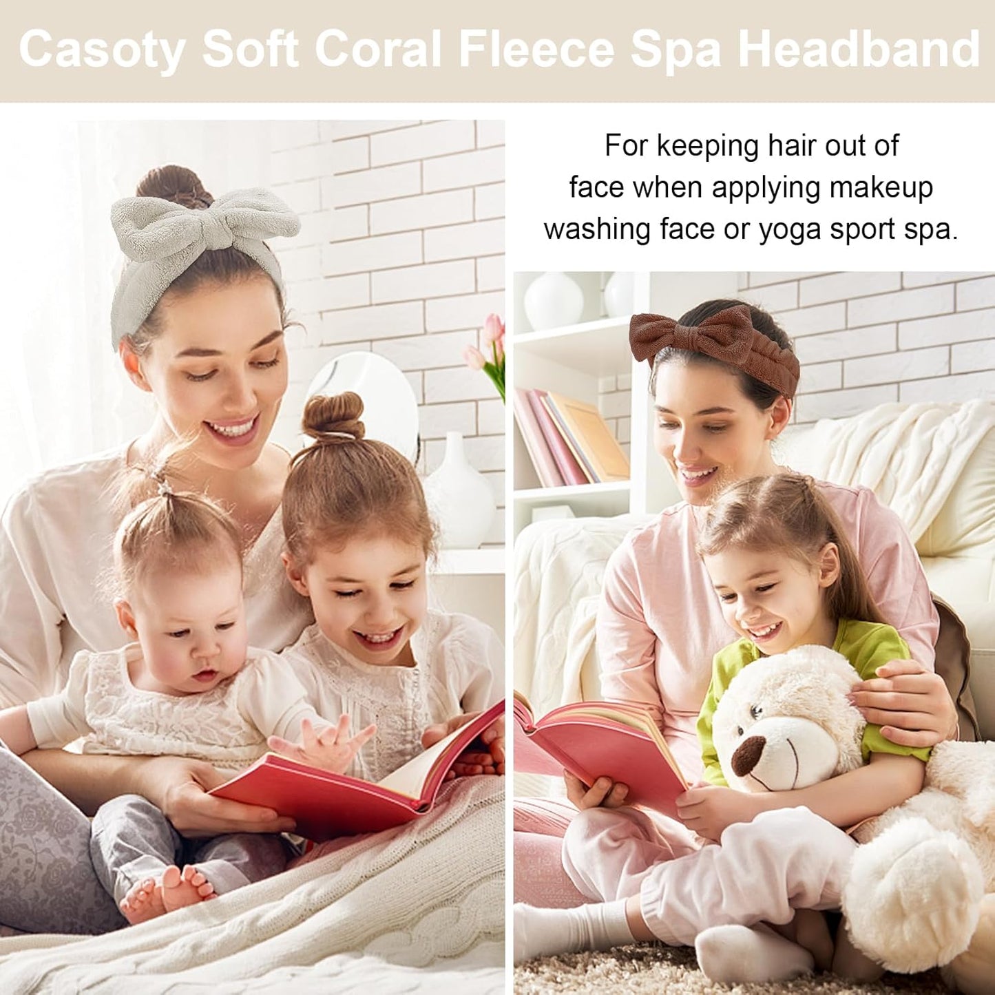 Casoty 6 Pcs Spa Headbands, Hair Holder for Washing Face, Soft Coral Fleece Microfiber Headband, Bow Hair Bands, Beauty Headbands for Face Washing Shower Skin Care Yoga