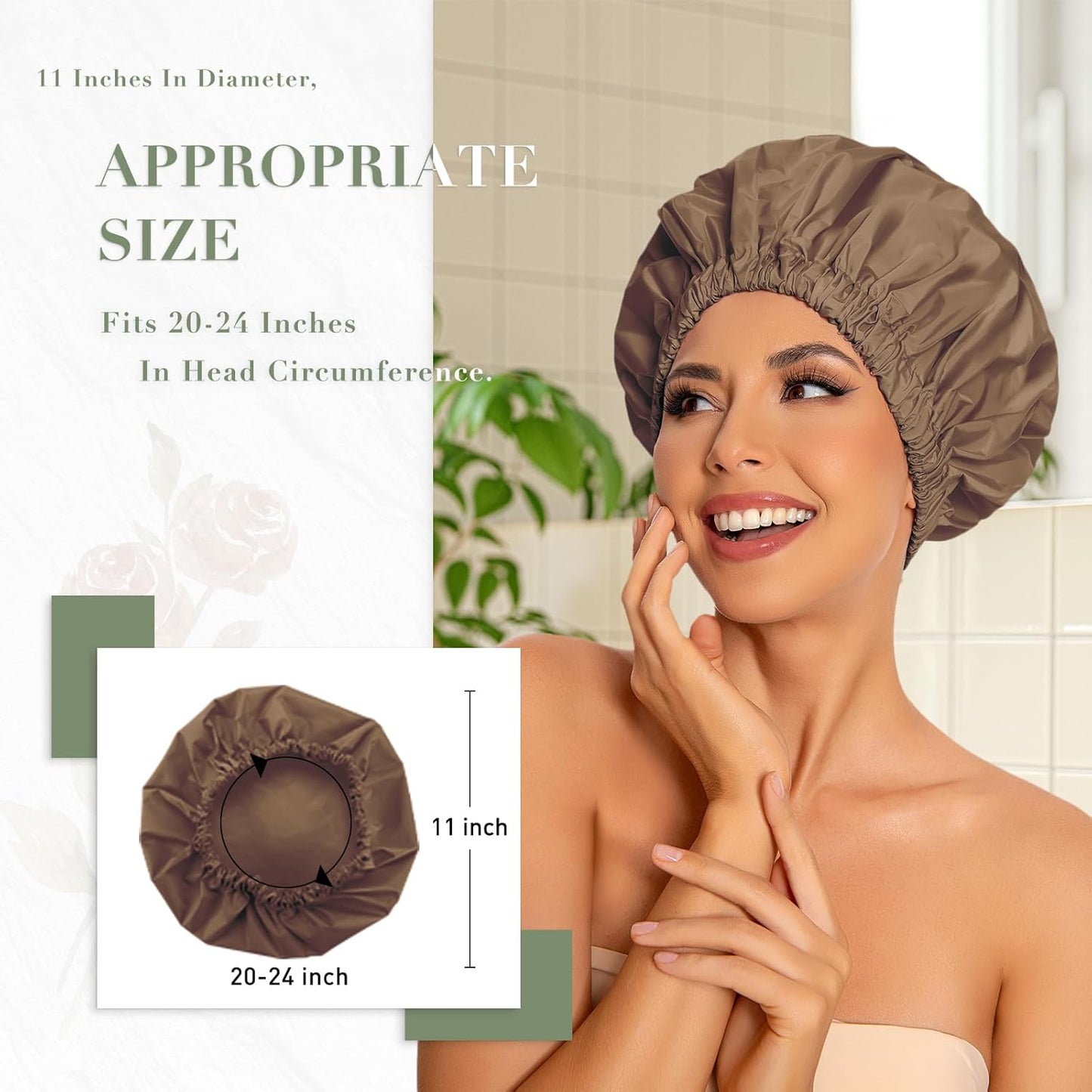 Reusable Shower Cap for Women, Large Waterproof Shower Bonnet Washable Elastic Band Bath Accessories Hair Hat for Long Hair, Braids(Brown)