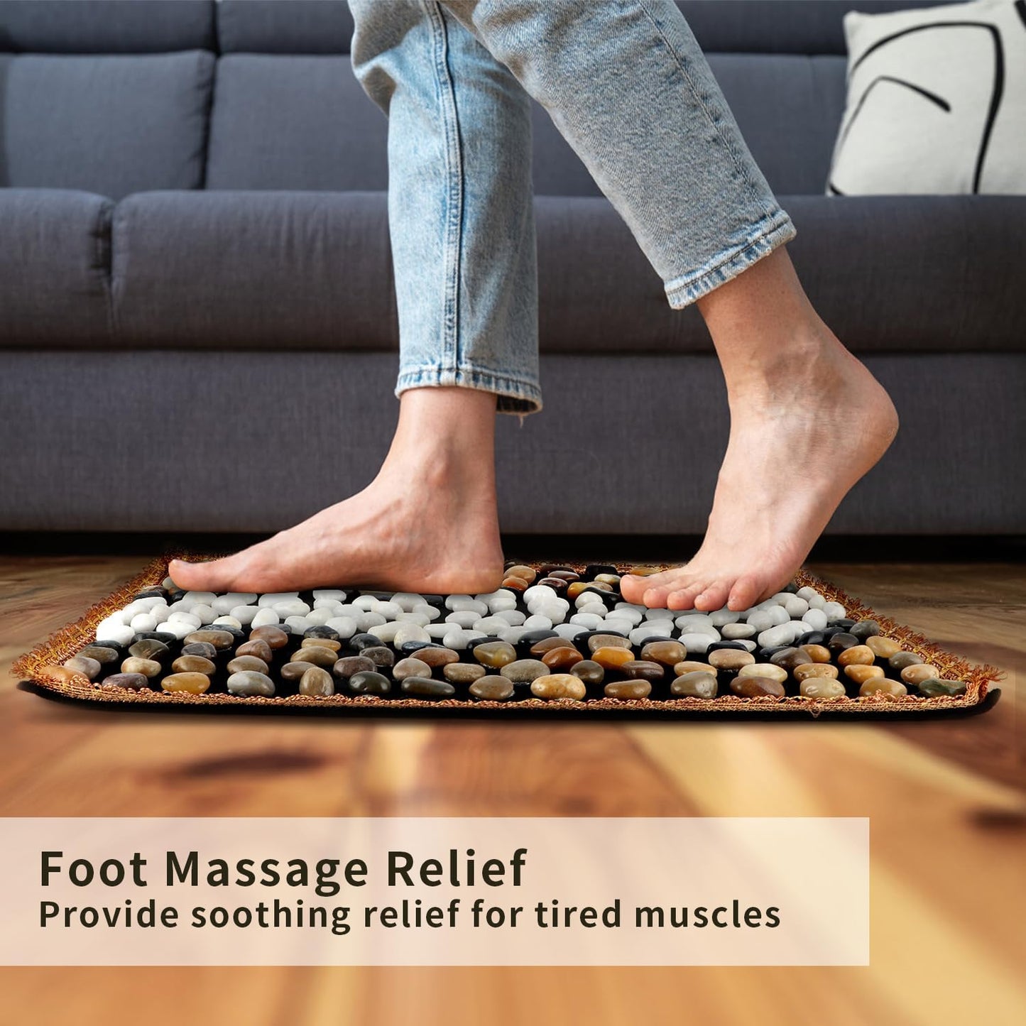 Pebbles Massage Mat, Reflexology Foot Massager, Cobblestones Foot Acupressure Pad for Tired Feet Relaxation (23.6"×15.7")