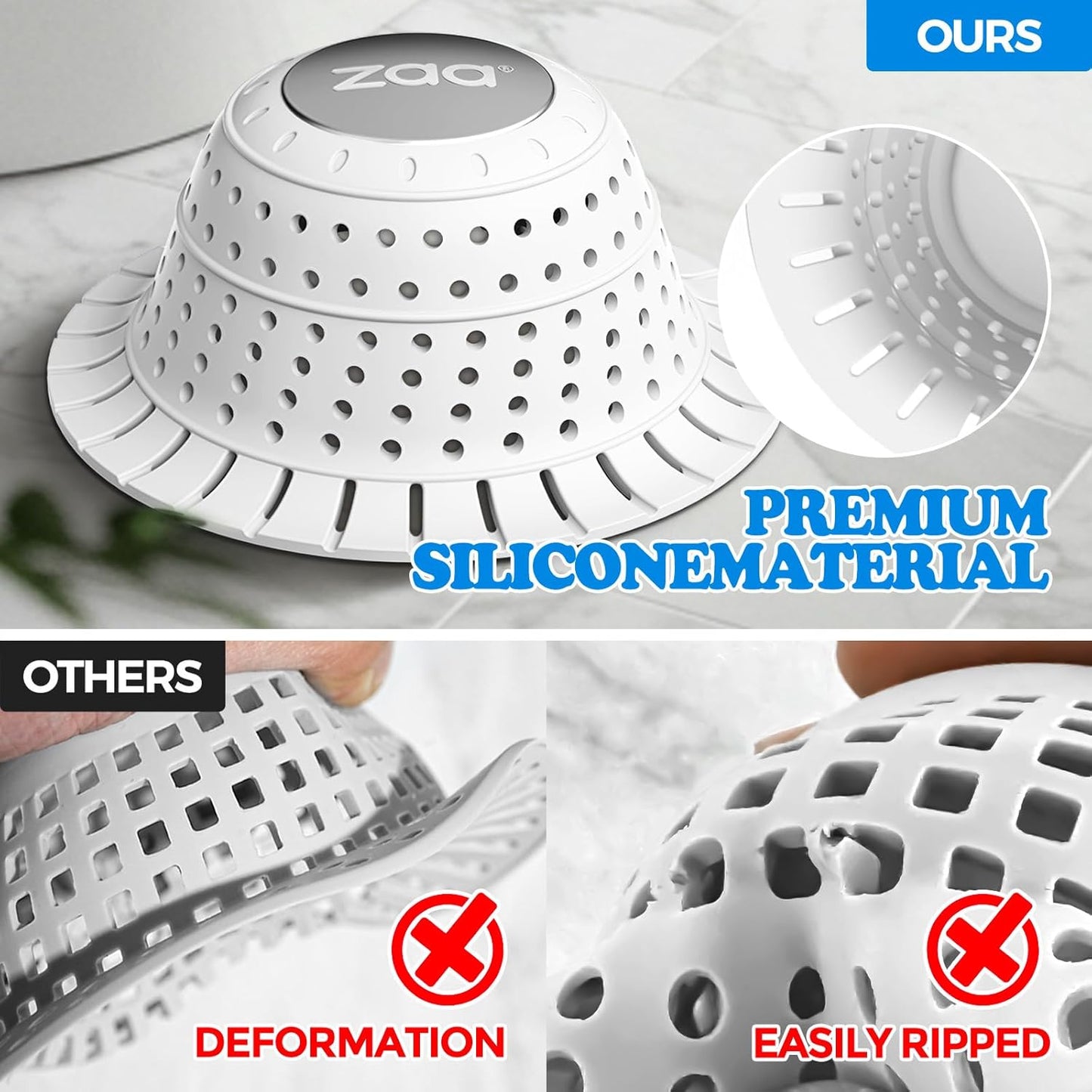 zaa Bathtub Drain Hair Catcher, Silicone Collapsible 1 Pack Drain Protector for Pop-Up and Regular Drains of Shower, Tub, Bathroom, Sink, Snow-White