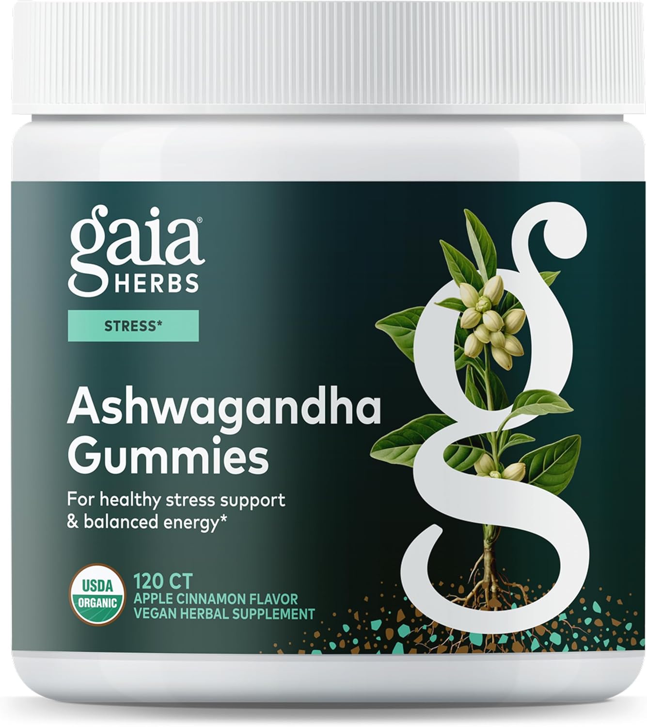 Gaia Herbs Organic Ashwagandha Gummies, Stress Support, Cinnamon, Ginger, Gluten Free, Vegan, 120 Count
