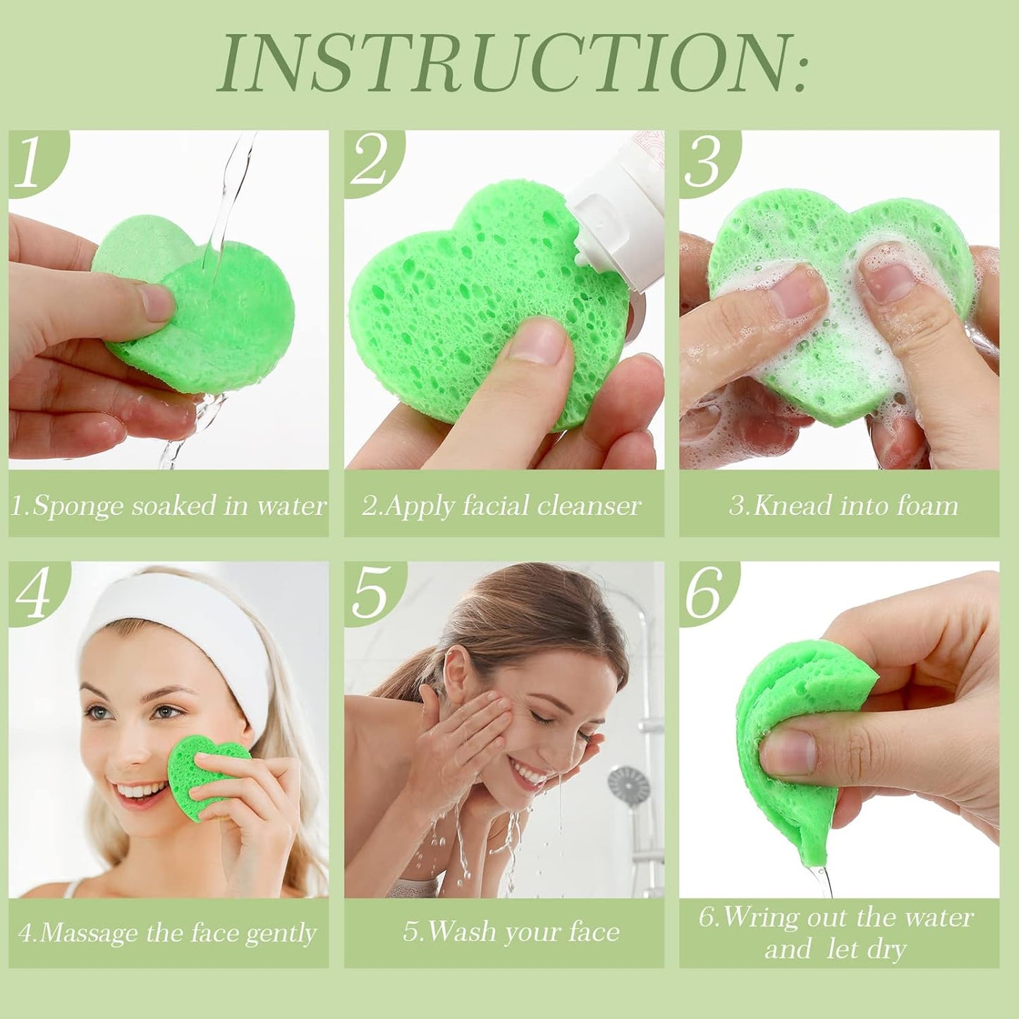 Sieral 120 Pcs Compressed Facial Sponges with Container Disposable Face Sponge Pads for Washing Face Cleansing Exfoliating Esthetician Makeup Removal(Heart,Green)