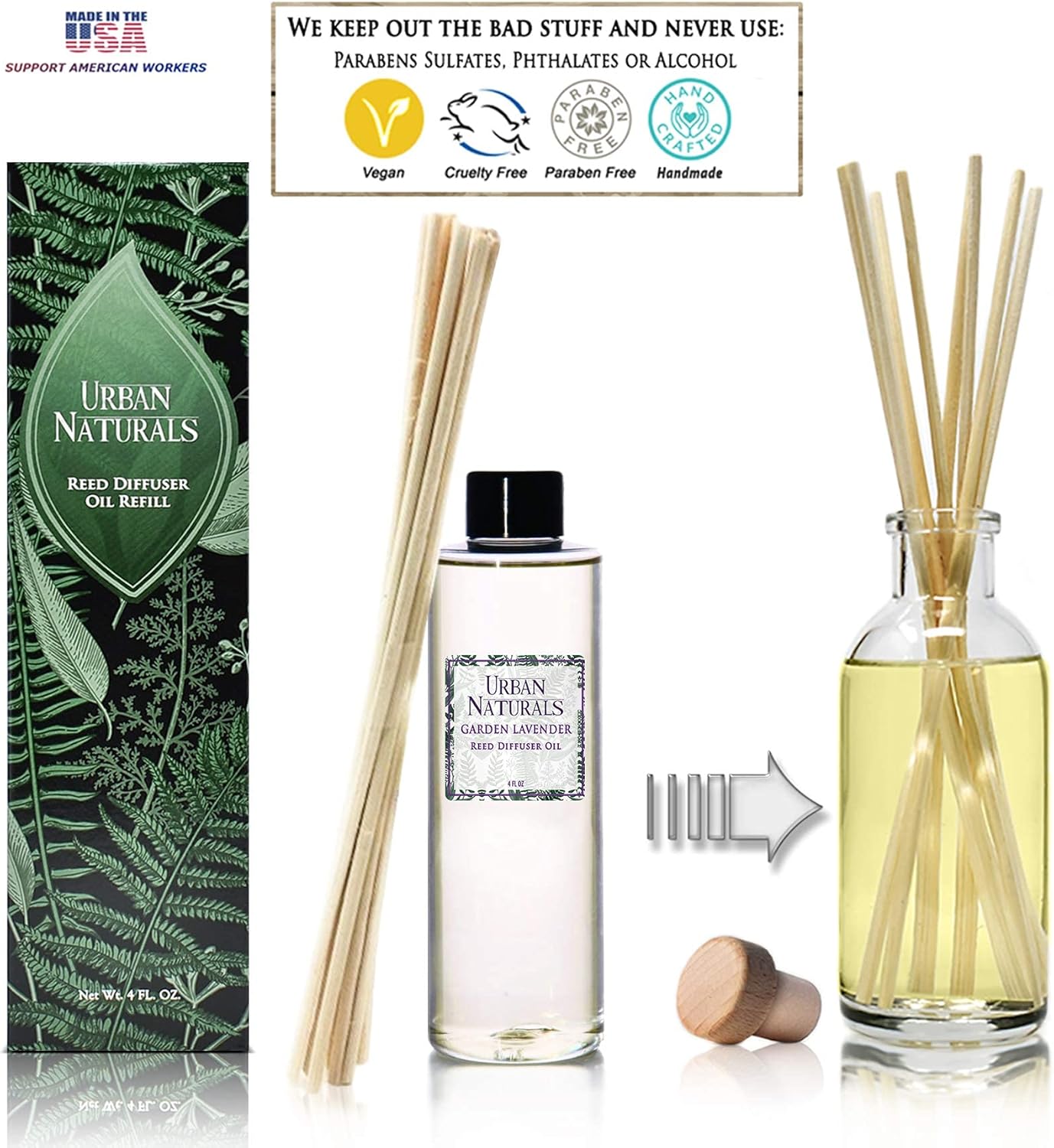 Urban Naturals Garden Lavender Scented Oil Reed Diffuser Refill | Includes a Free Set of Reed Sticks! Calming, Herbal Fragrance – 4 oz. Made in The USA
