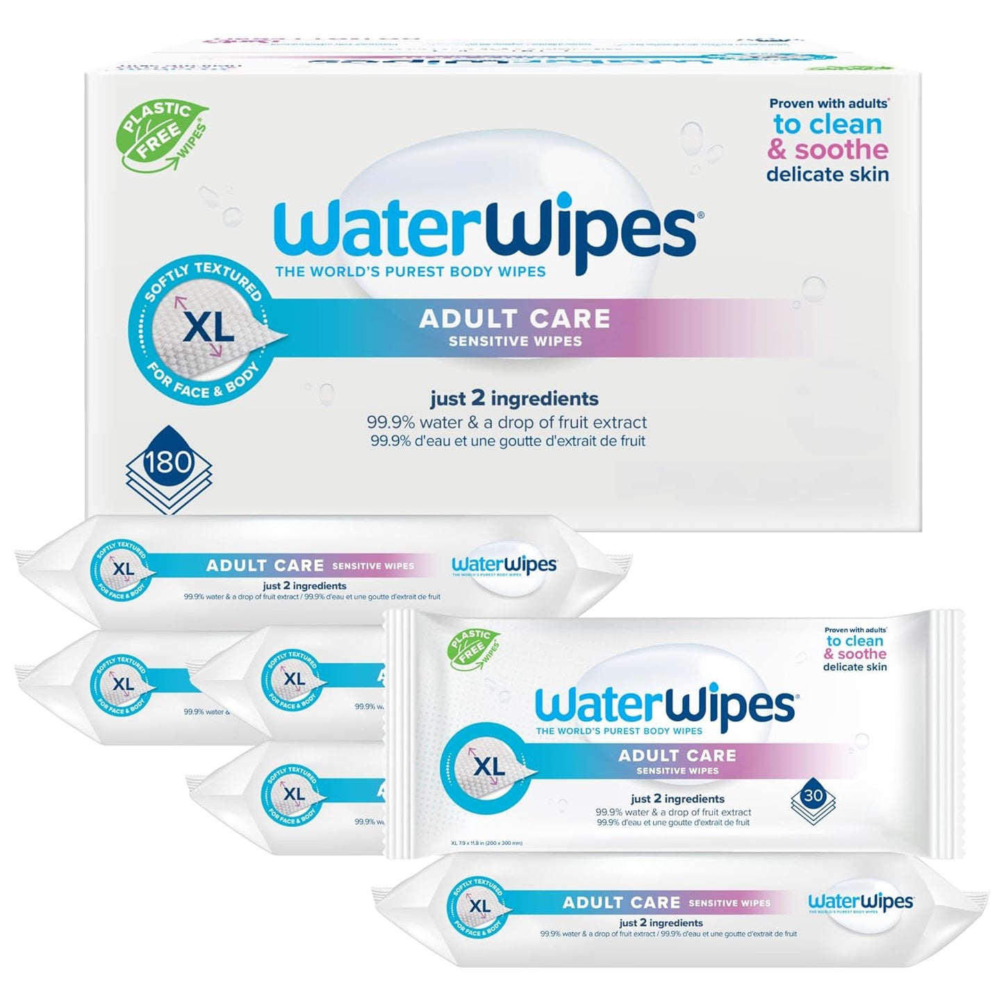 WaterWipes Sensitive+ Body & Intimate Wipes, 3-In-1 Cleans, Cares, Protects, 99.9% Water, Unscented & Hypoallergenic Hygiene Wet Wipes, Adult Care,180 Wipes (6 Packs)