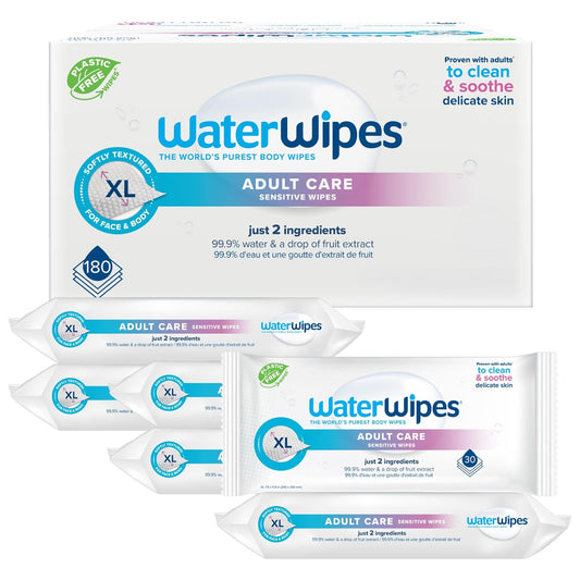 WaterWipes Sensitive+ Body & Intimate Wipes, 3-In-1 Cleans, Cares, Protects, 99.9% Water, Unscented & Hypoallergenic Hygiene Wet Wipes, Adult Care,180 Wipes (6 Packs)