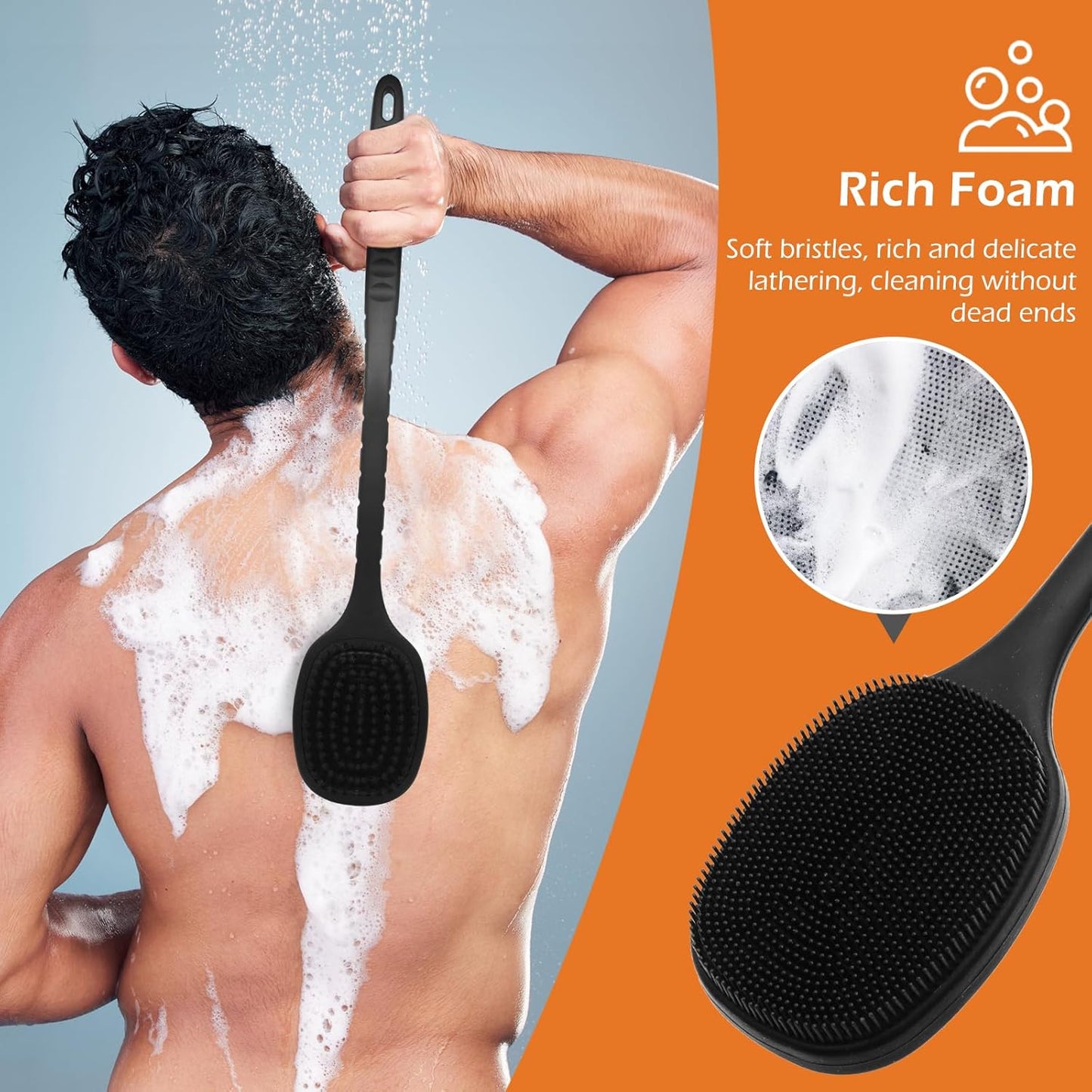VWMYQ Back Scrubber for Shower, New Update Double Sided Body Scrub Brush Long Handle with Soft Silicone Bristles and Stiff Nylon Bristles for Shower Exfoliating and Massage Can Produce More Rich Foam