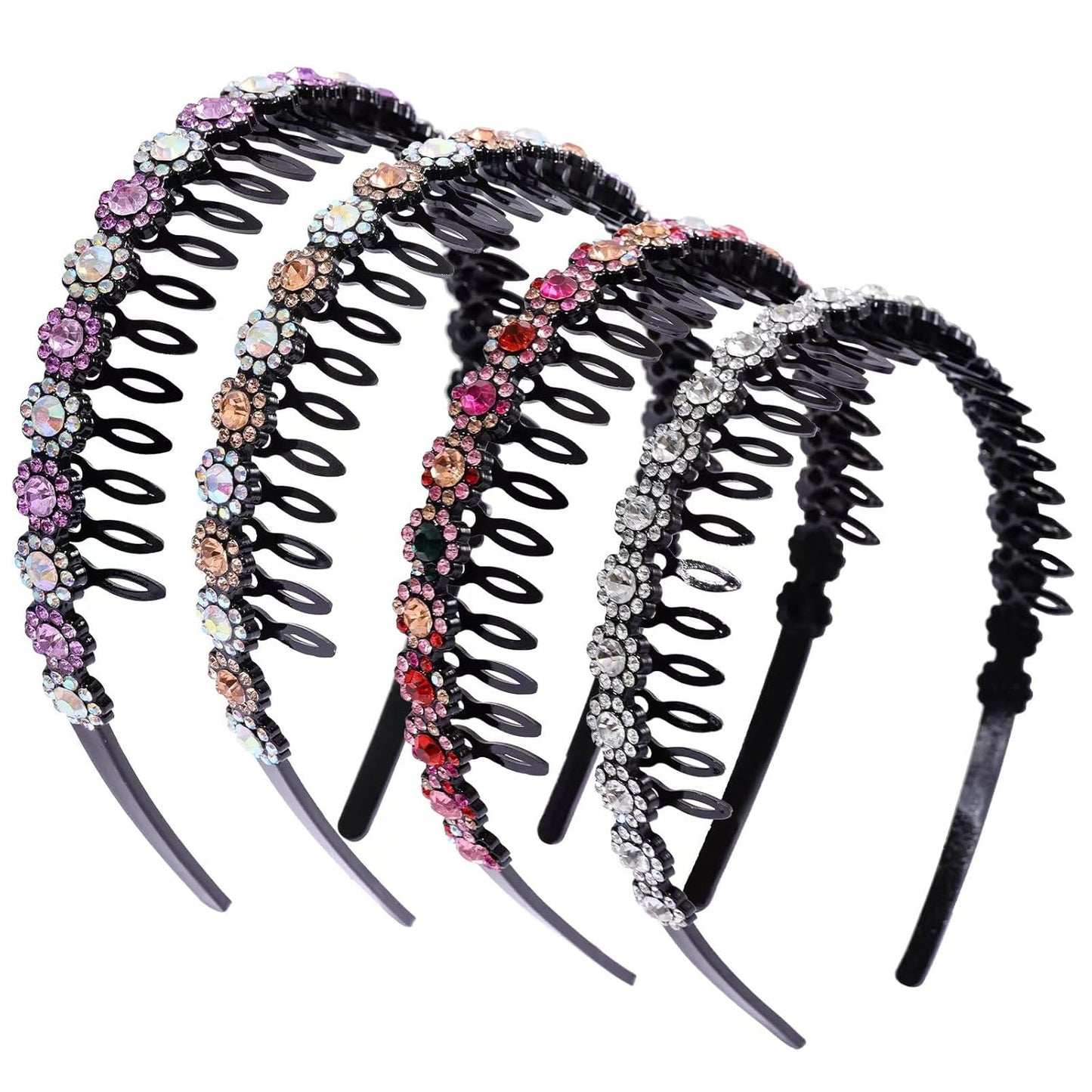 Rhinestone Headbands for Women Girls Glitter Flower Headband with Teeth Comb Non Slip Hairband Sparkly jeweled headband Hair Hoop jeweled headband Hair Accessories with 4PCS