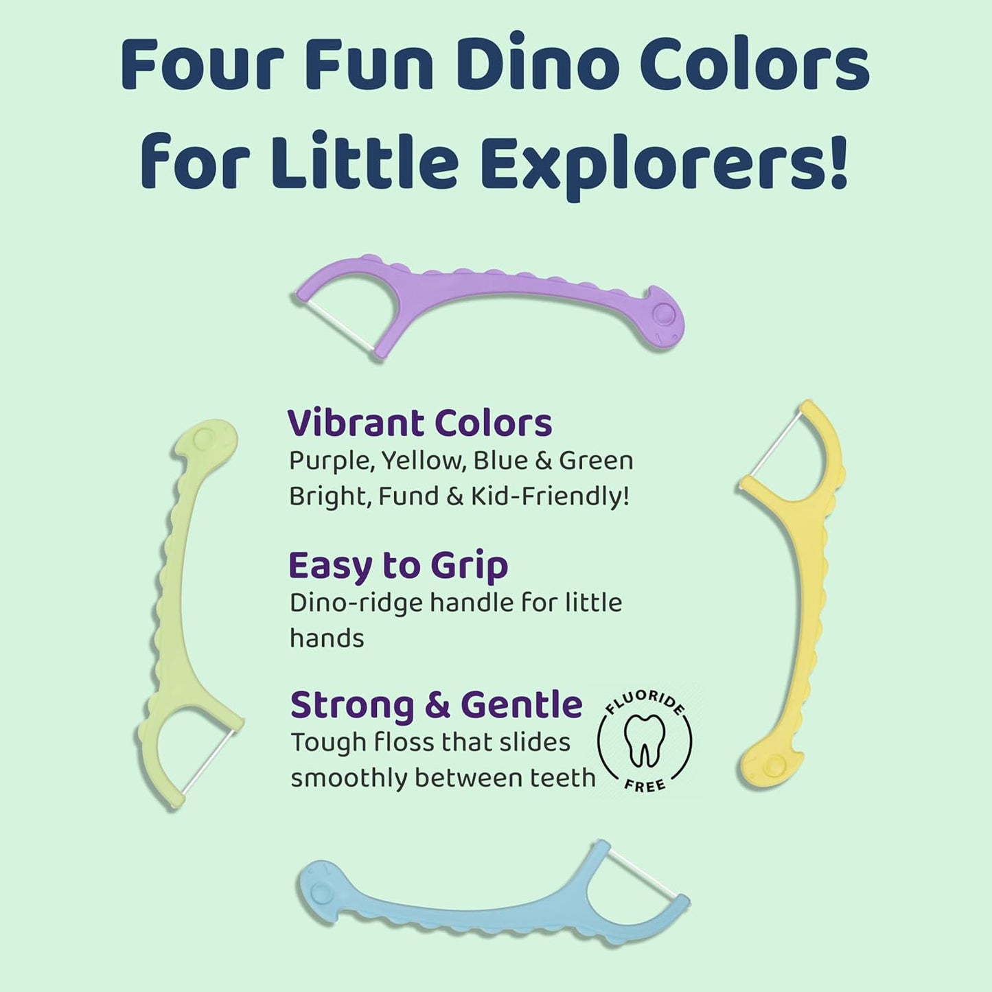 Sea Turtle Kids Dino Floss Picks - Corn Starch Handle - Thin Thread Tooth Dental Flossers - Unflavored (100)