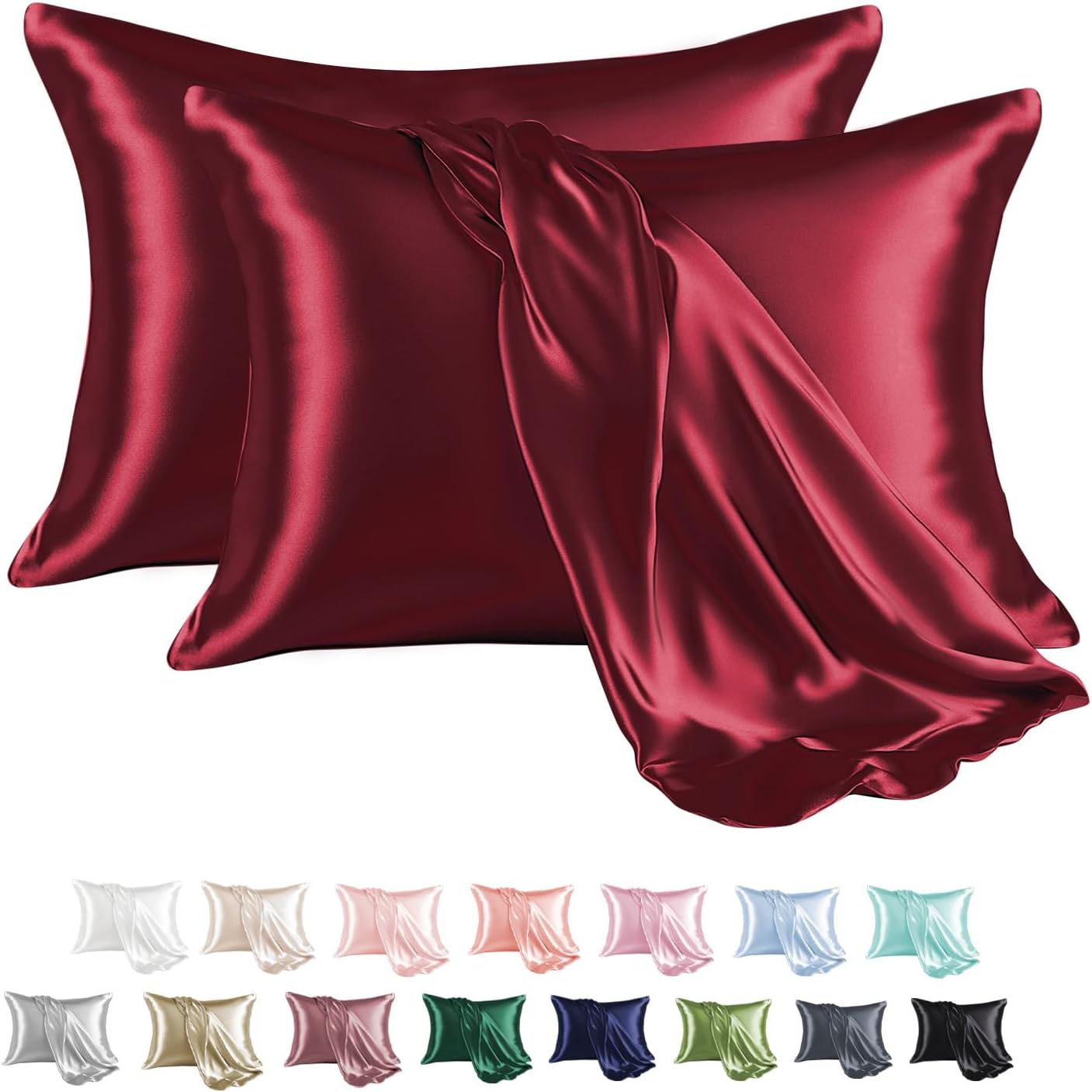 MR&HM Satin Pillowcase for Hair and Skin, Silk Satin Pillowcase 2 Pack, Queen Size Pillow Cases Set of 2, Silky Pillow Cover with Envelope Closure (20x30, Burgundy)