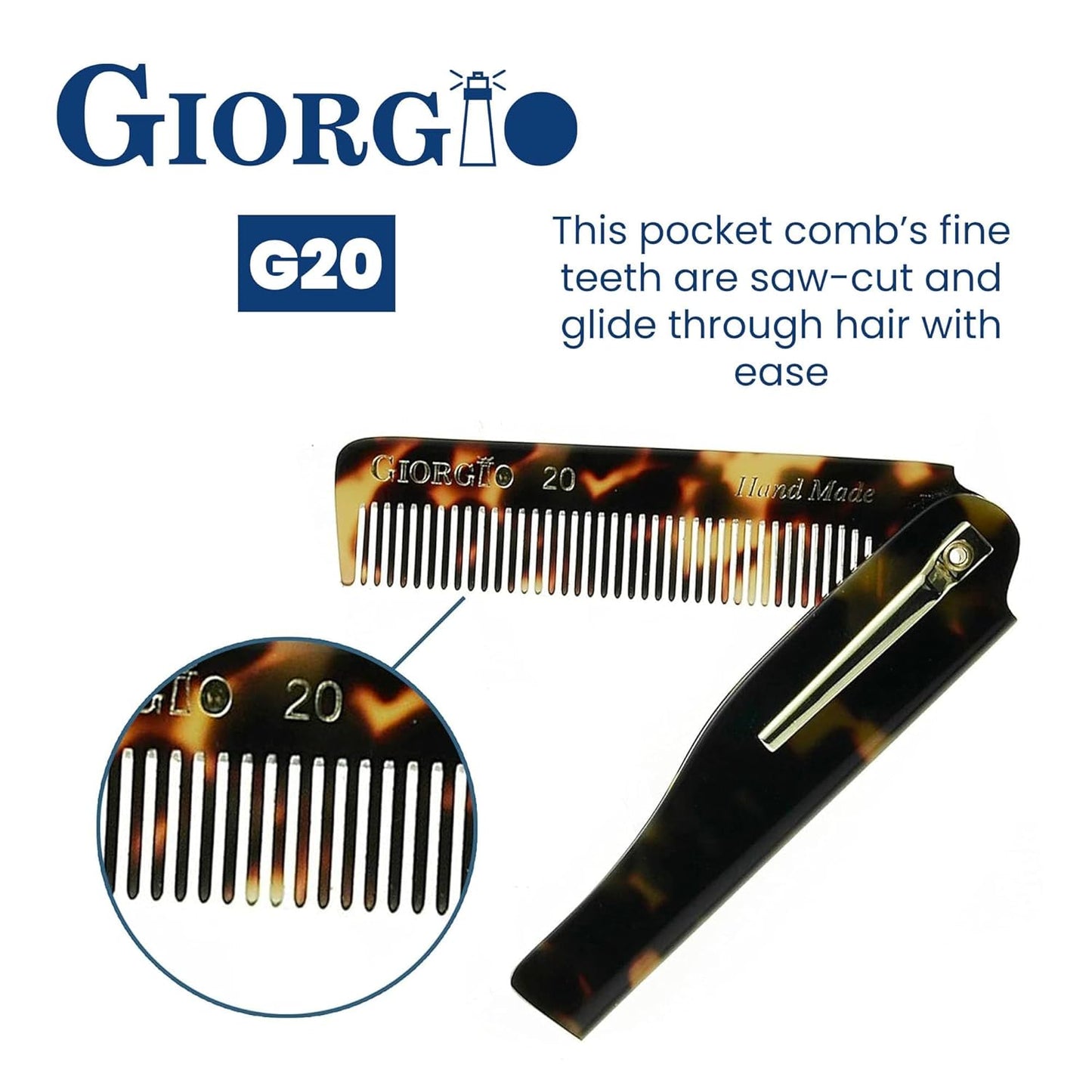 Giorgio G20 Folding Mustache and Beard Comb 6.5 Inch - Fine Tooth Travel Comb for Everyday Styling and Hair Care - Handcrafted Sawcut and Hand Polished