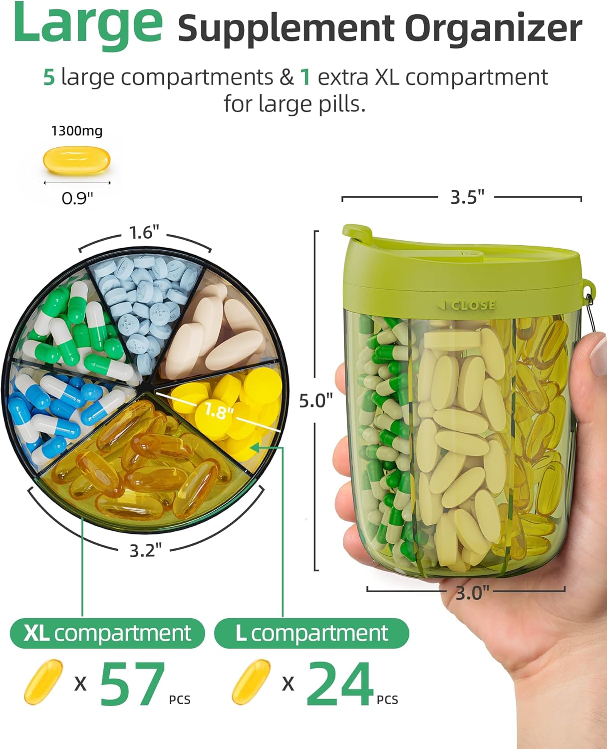 PULIV Large Pill Bottle Organizer, Supplement Organizer for Holding 6 Various Vitamins, Pill Box Case with Anti-Mixing & Wide Opening Design, Easy to Retrieve Meds and 20 Pcs Stick-on Labels, Green