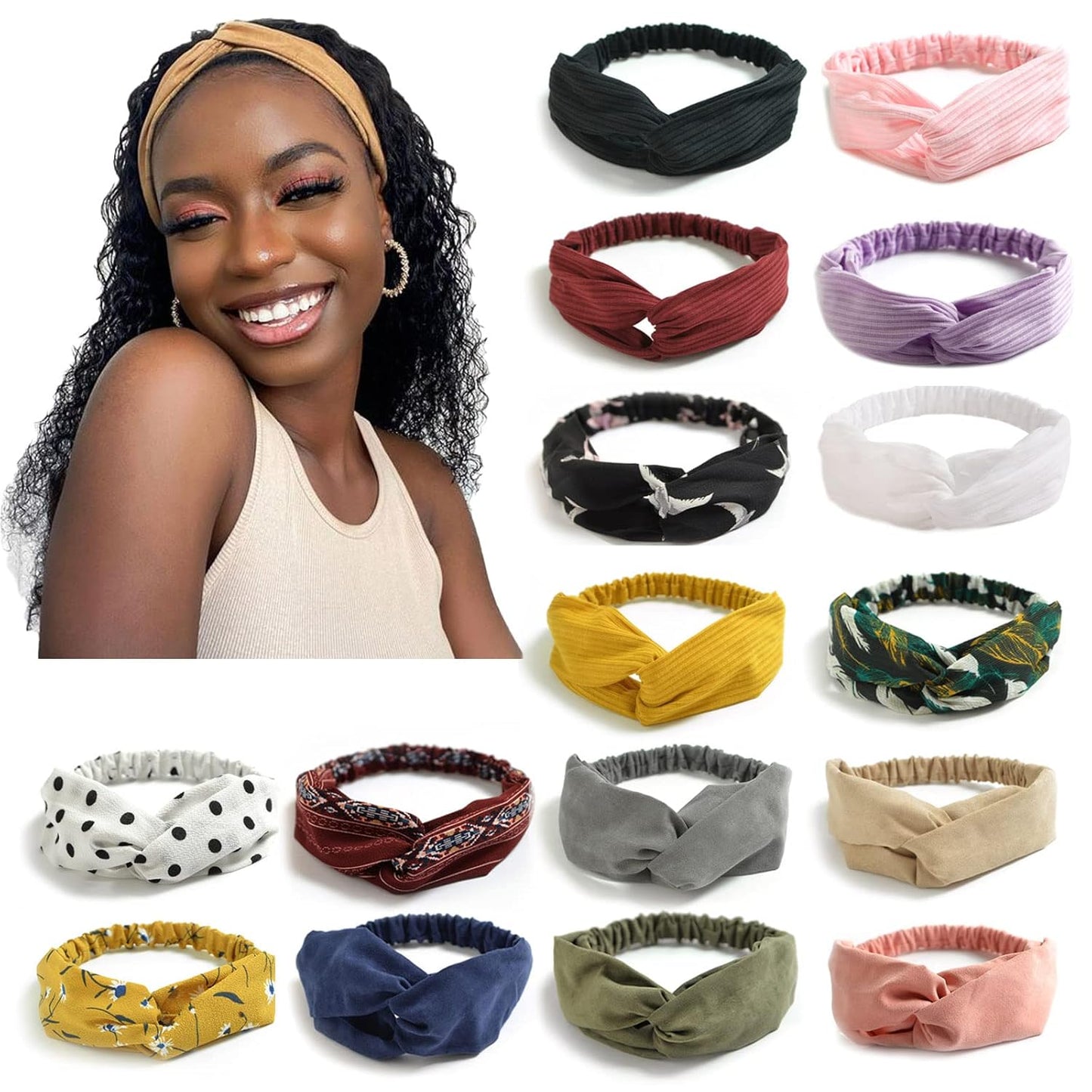 DRESHOW 16 Pack Turban Headbands for Women Elastic Back Twisted Hair Bands Face Vintage Cross Head Wrap Hair Accessories