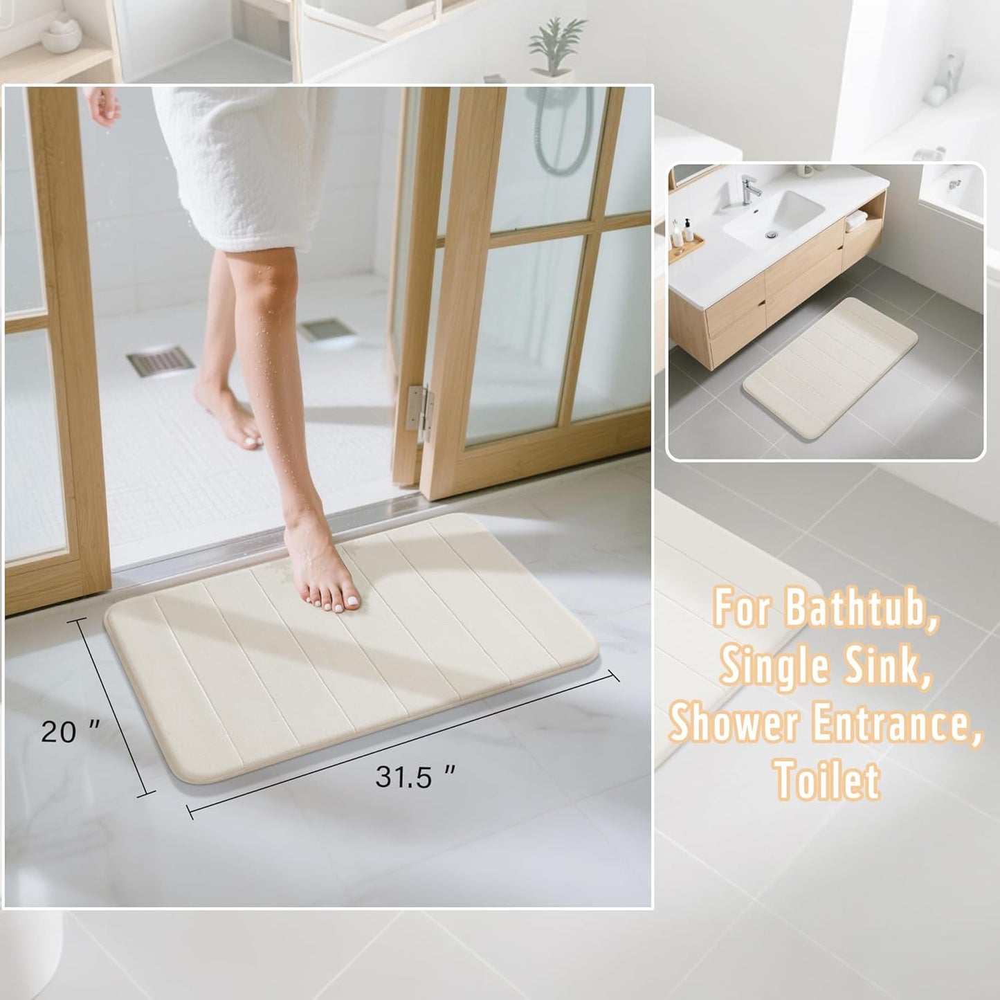 Yimobra Memory Foam Bath Mat, Super Soft Absorbent Bathroom Rug Non Slip 31.5x20 Inch, Quick Dry, Machine Washable Floor Carpet for Tub Shower, Home Decor Accessories, Cream