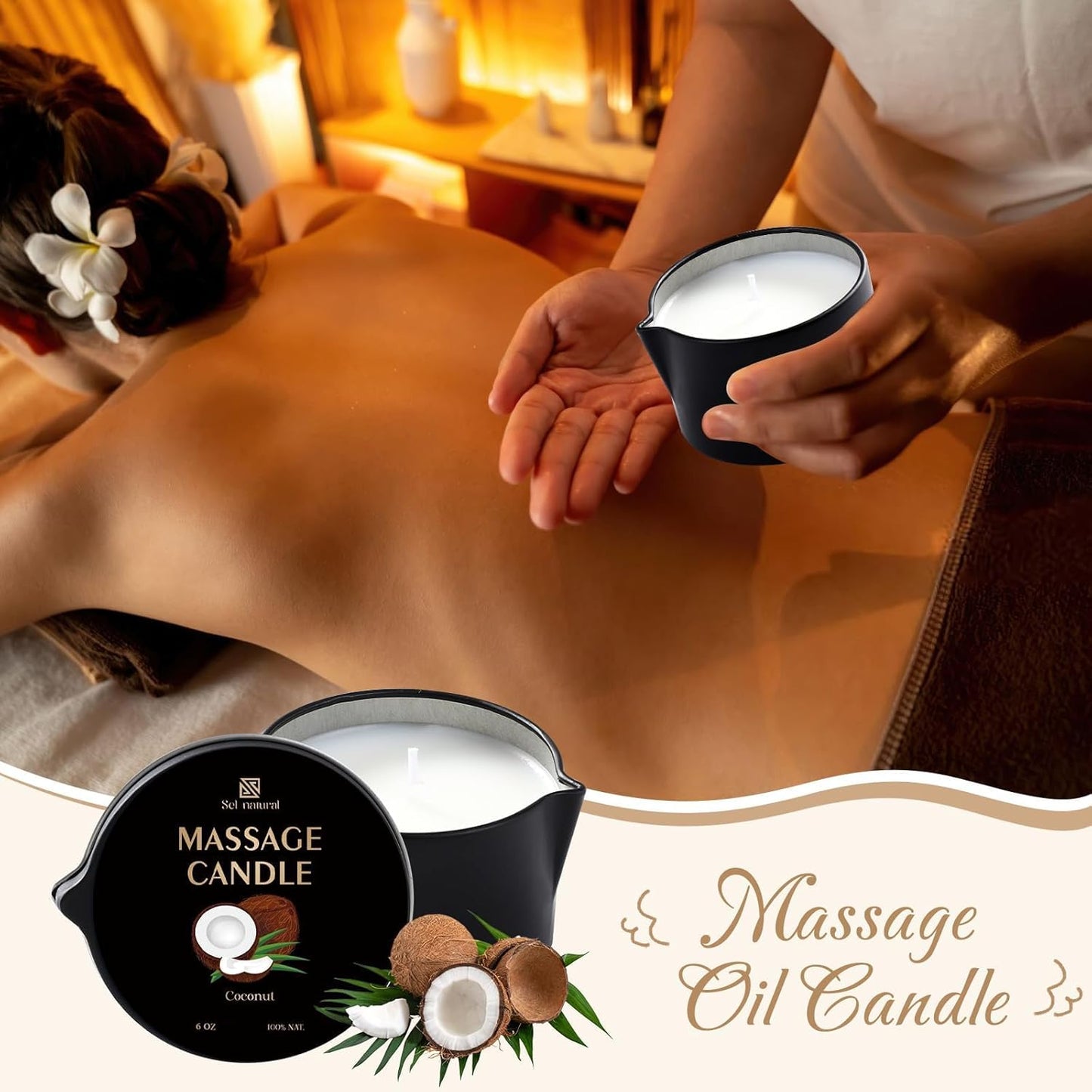 3 Pack Massage Oil Candles-18oz Low Temp Soy Candles 3 Scent Vanilla, White Tea, Coconut Body Oil Relaxing for Massage Therapy Spa Couples Gift