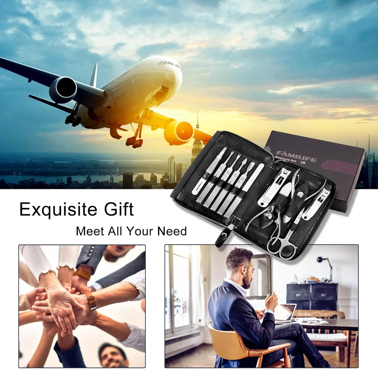 Manicure Kit, FAMILIFE Professional Manicure Set Nail Kit, 11 in 1 Stainless Steel Nail Clippers Set for Men Pedicure Kit, Men Grooming Kit with Portable Black Leather Travel Case Luxury Gifts for Him