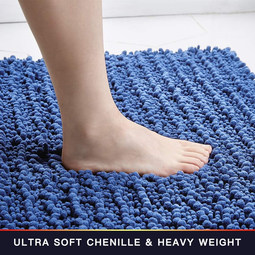 Walensee Bathroom Rug Non Slip Bath Mat (32x20 Dark Blue) Water Absorbent Super Soft Shaggy Chenille Machine Washable Dry Extra Thick Perfect Absorbant Best Large Plush Carpet for Shower Floor