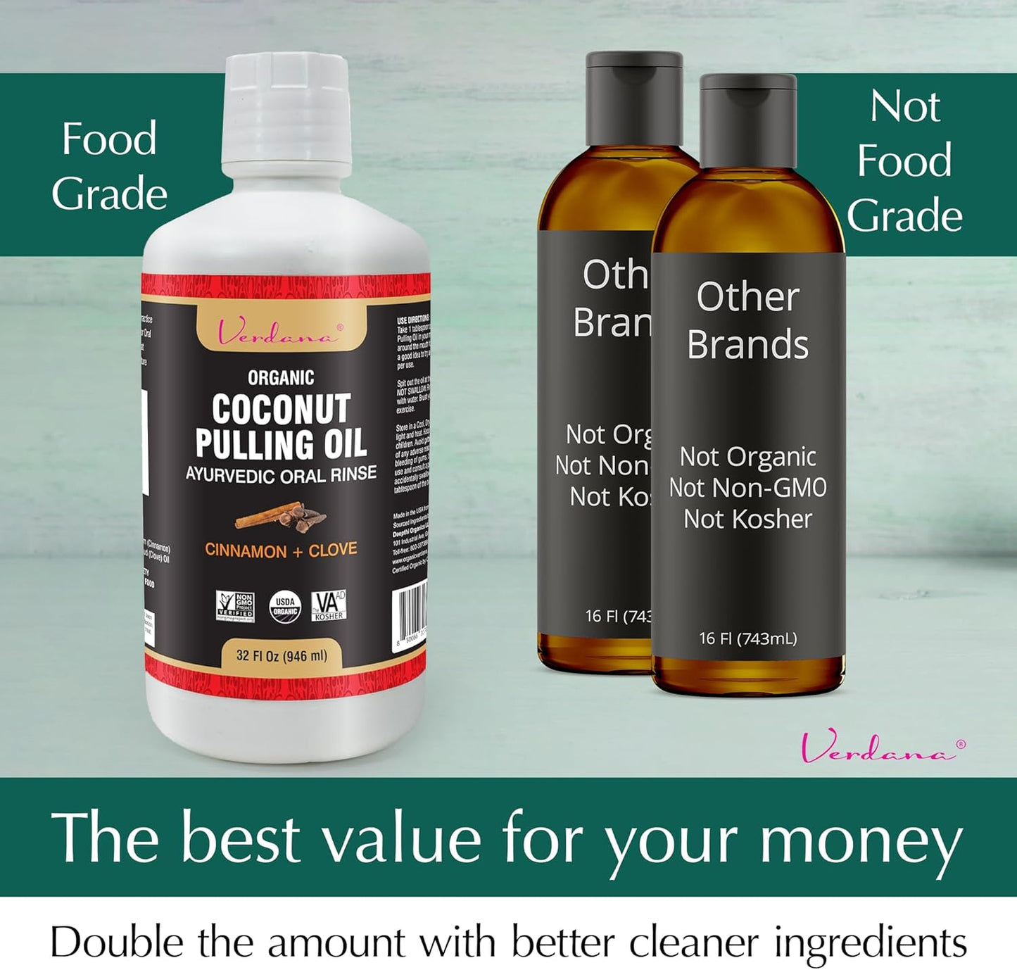 Verdana Organic Oil Pulling Mouthwash – 32 oz Cinnamon & Clove – USDA Organic Coconut Oil Rinse for Teeth & Gums – Alcohol-Free, Fluoride-Free Natural Mouthwash for Fresh Breath & Gum Health