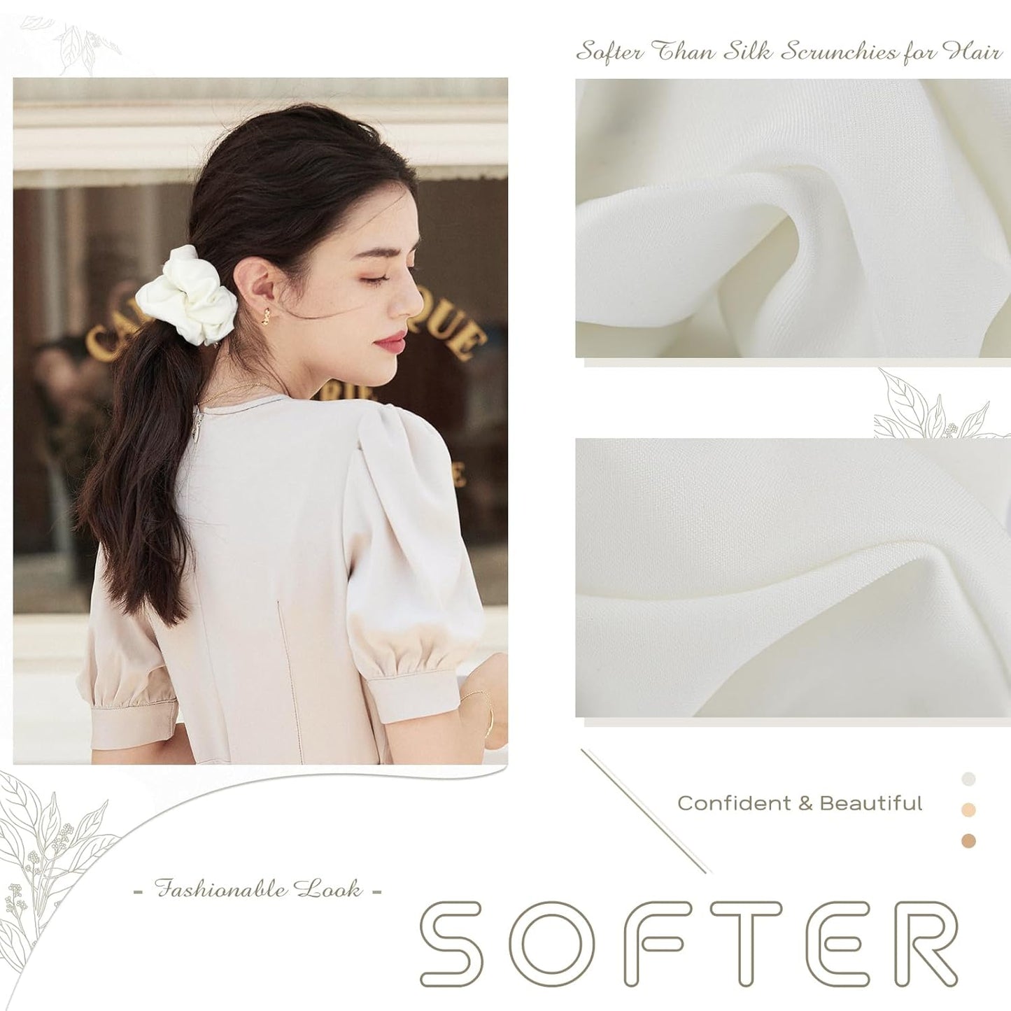 4PCS Large Silk Scrunchies for Women - Hair Elastics Handmade Scrunchie for Thick Hair Girl Hair Ties Ponytail Holders Jumbo Scrunchies (White)