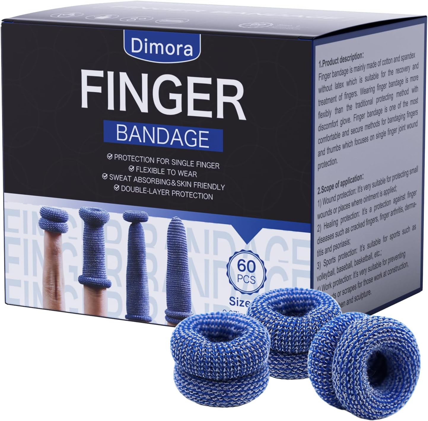 Dimora Finger Cots, Pack of 60 (Large Size) Finger Protectors, Breathable Bandages for Wound Care, Stretchy Sleeves for Gardening, Fitness and Cargo Handling, Blue