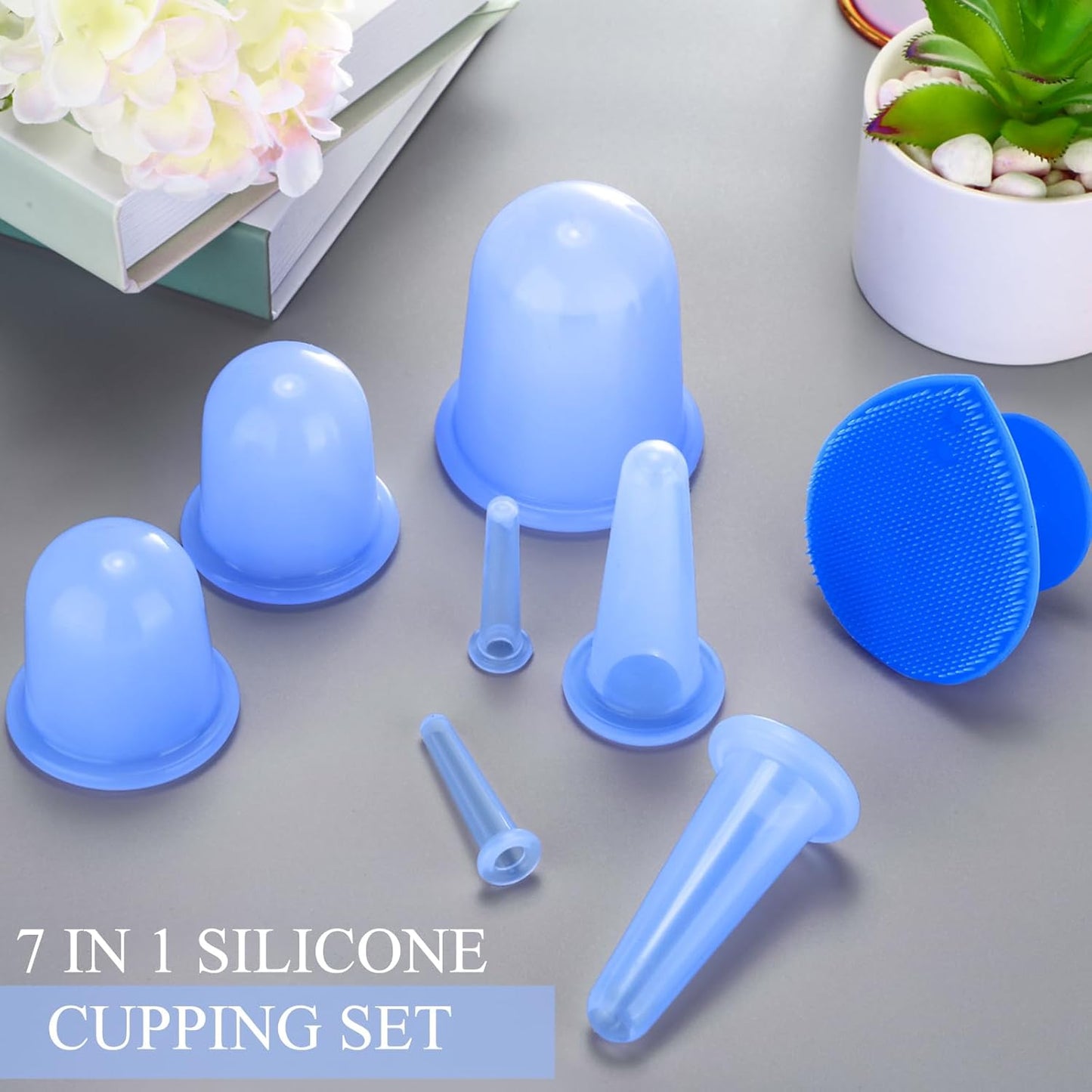 BBTO Silicone Facial Cupping Set, Vacuum Massage Cup Kit for Body, Face, Neck, Back, and Eye, 6 Cups and Exfoliating Brush(Blue)