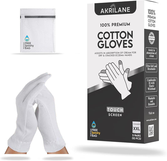 Touch Screen XXL Extra Extra Large 5 Pairs 100% Premium Cotton Gloves for Dry Hands | Moisturizing Overnight Gloves for Eczema, Psoriasis & Skin Spa Treatment for Women & Men | Free Laundry Bag