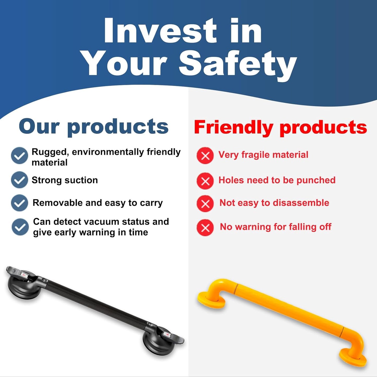 Shower Handle Upgraded 21 inch Grab Bar for Bathtub,Shower Handles with Strong Suction Cup,Bathroom Safety Grab Bar for Handicap Elderly Seniors and Disabled,Heavy Duty,Black